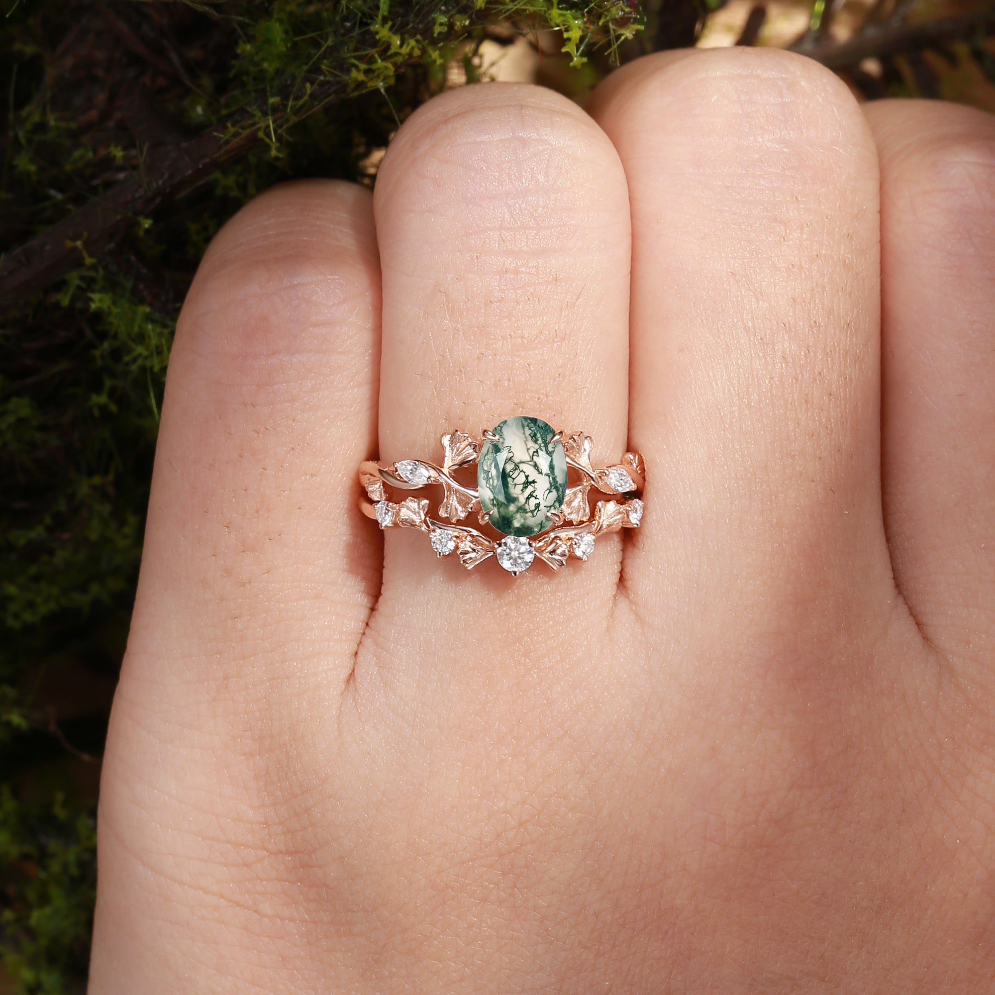 Reverie - Oval Cut Moss Agate Ginkgo Leaf Nature Inspired Engagement Ring Set 2pcs