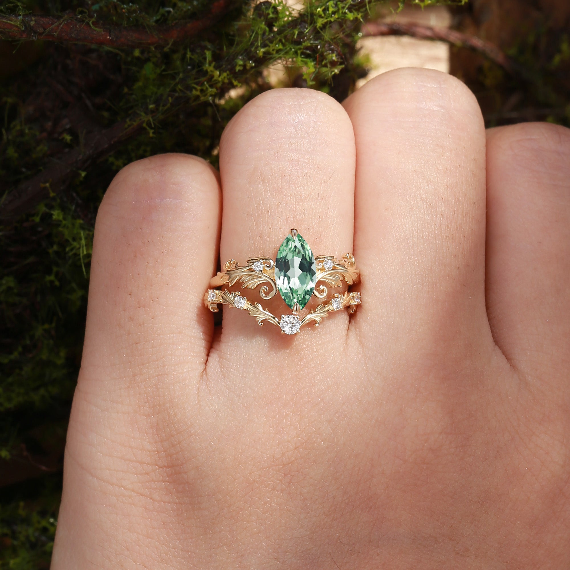 Vintage Marquise Cut Green Sapphire Acanthus Leaf Wedding Ring Set 2pcs - Rhea