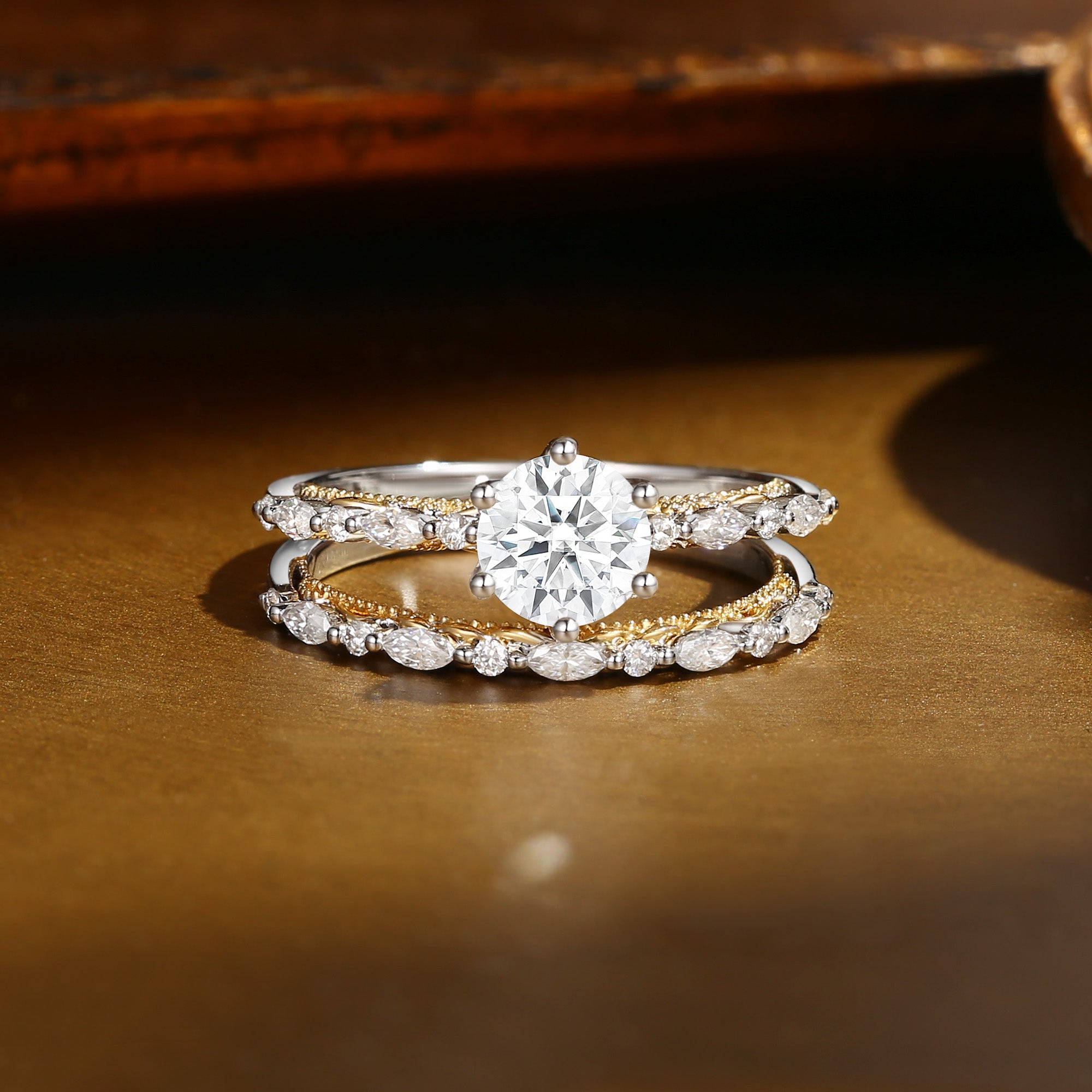 Celeste - Victorian Two Tone Gold Vintage Moissanite Engagement Ring Set 2pcs