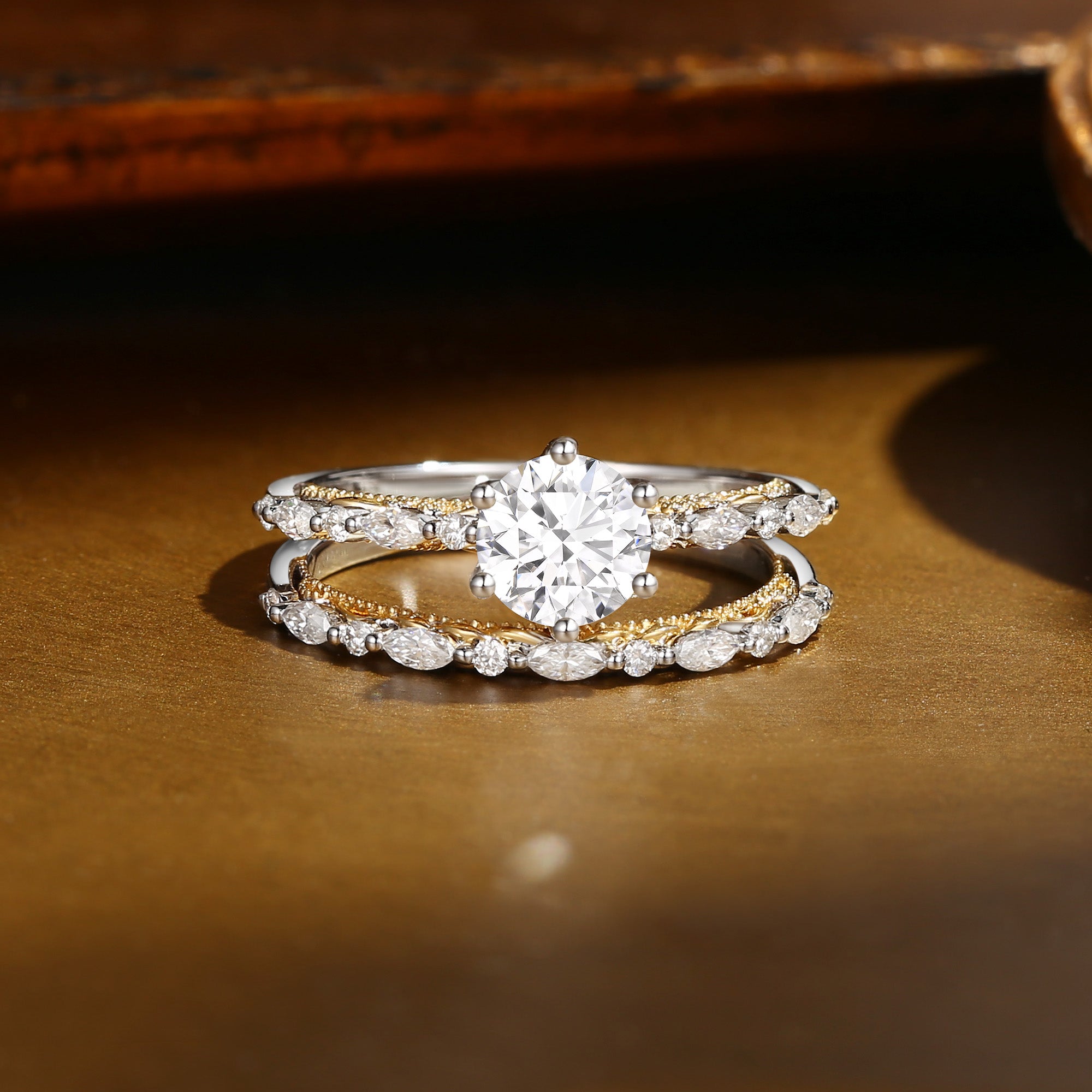 Victorian Two Tone Gold Vintage Moissanite Engagement Ring Set 2pcs - Celeste