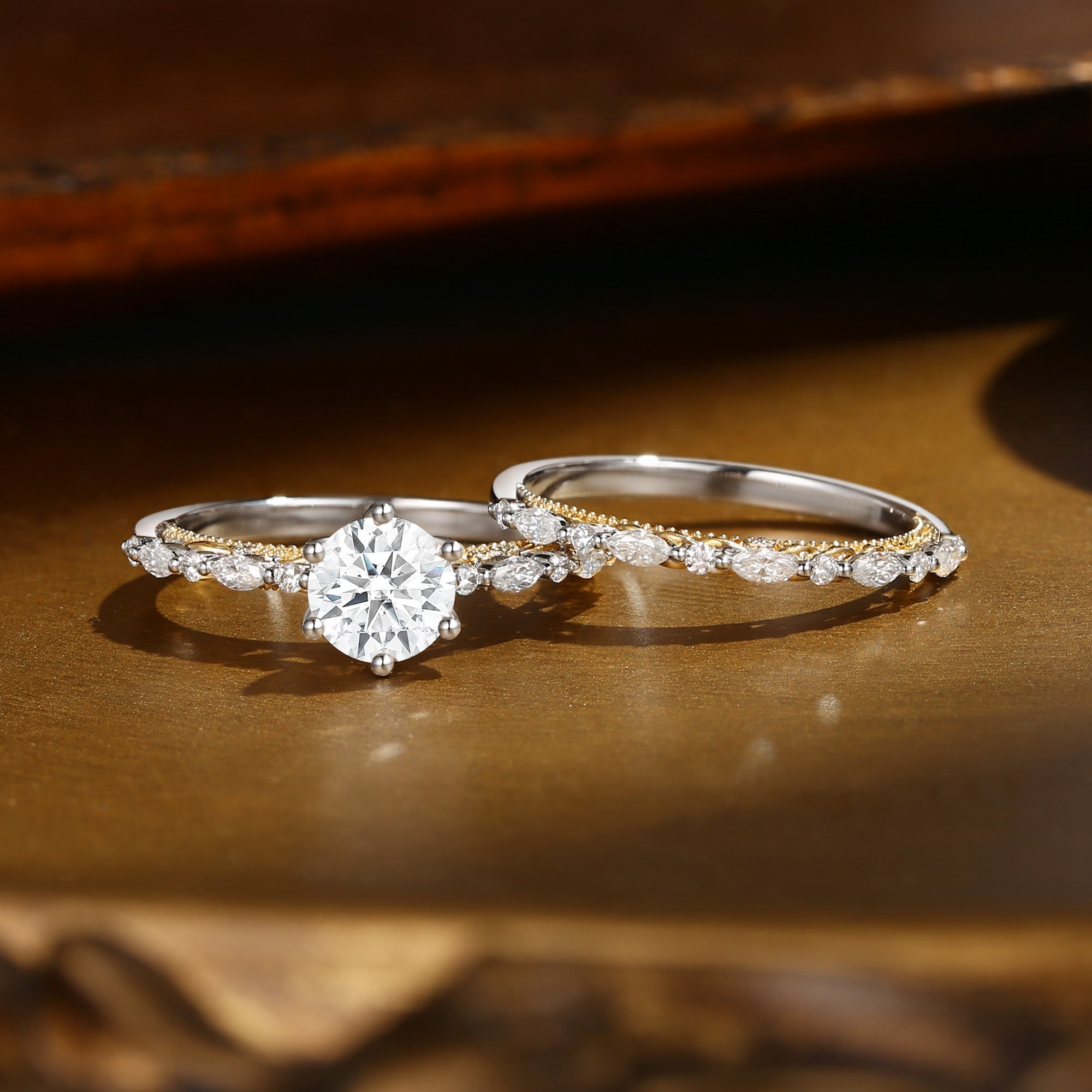 Celeste - Victorian Two Tone Gold Vintage Moissanite Engagement Ring Set 2pcs