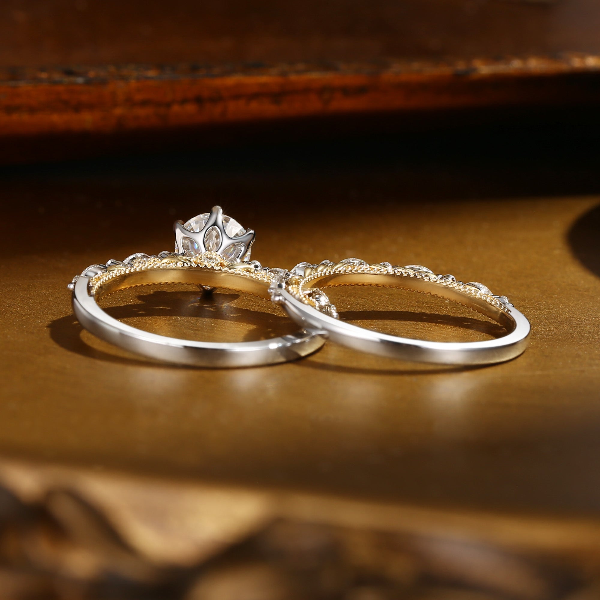 Celeste - Victorian Two Tone Gold Vintage Moissanite Engagement Ring Set 2pcs