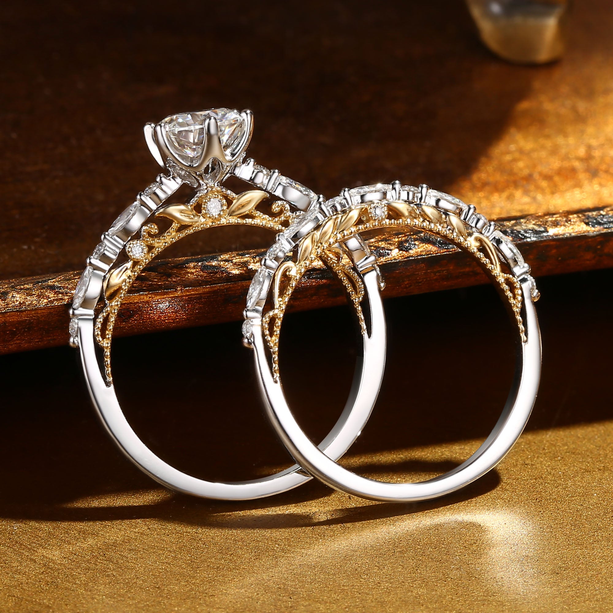 Celeste - Victorian Two Tone Gold Vintage Moissanite Engagement Ring Set 2pcs