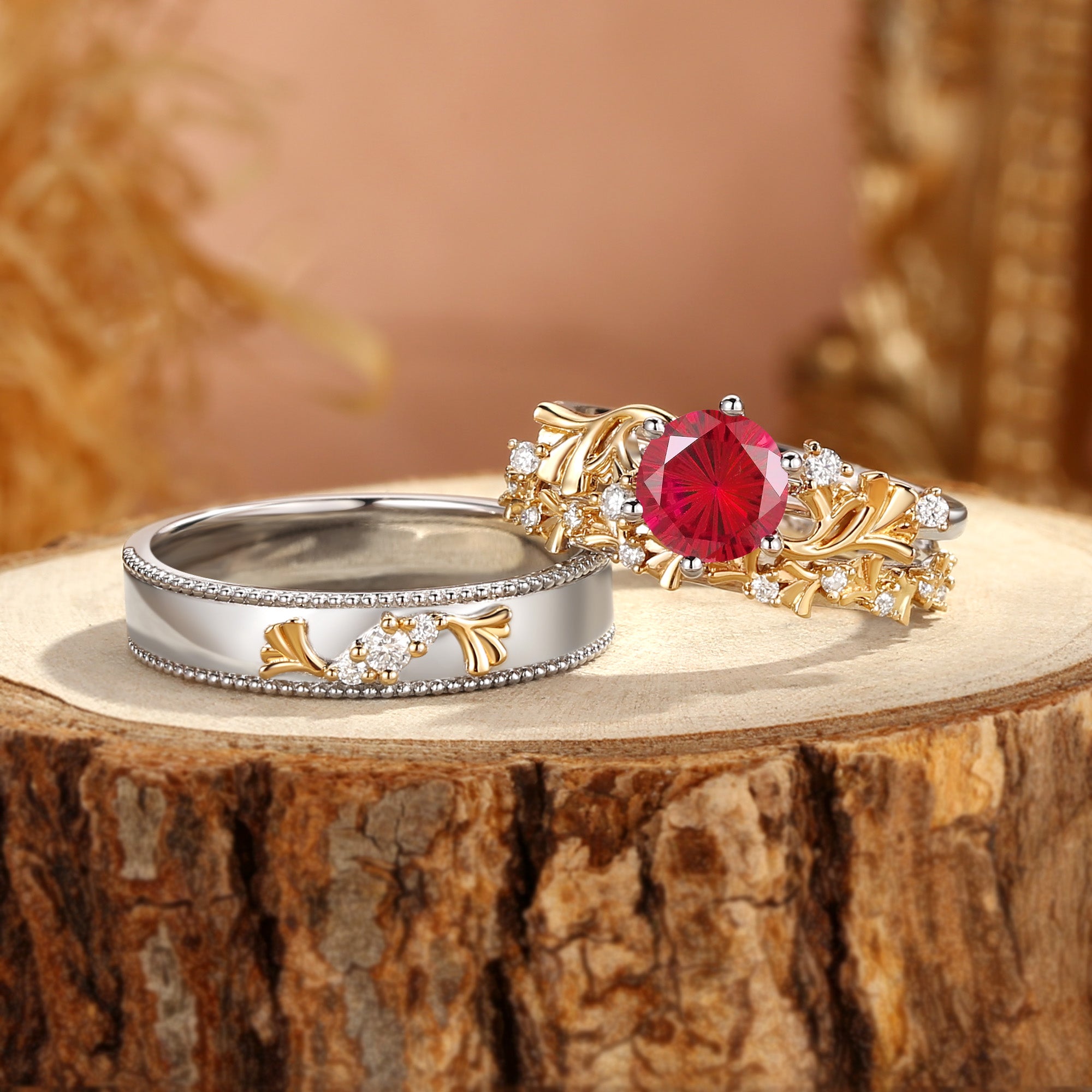Kezia - Firework Cut Ruby Ginkgo Leaf Two Tone Gold Couple Ring