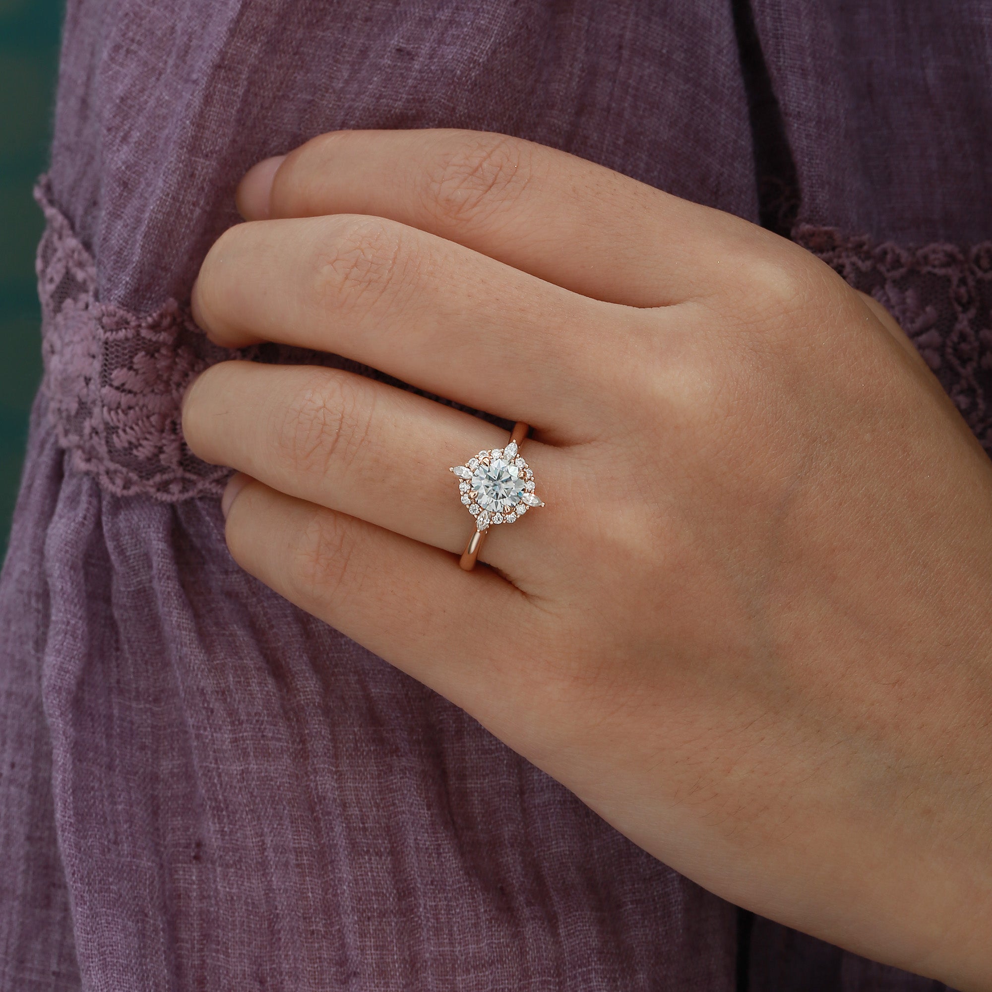 Gloria - Round Cut Grey Moissanite Halo Engagement Ring