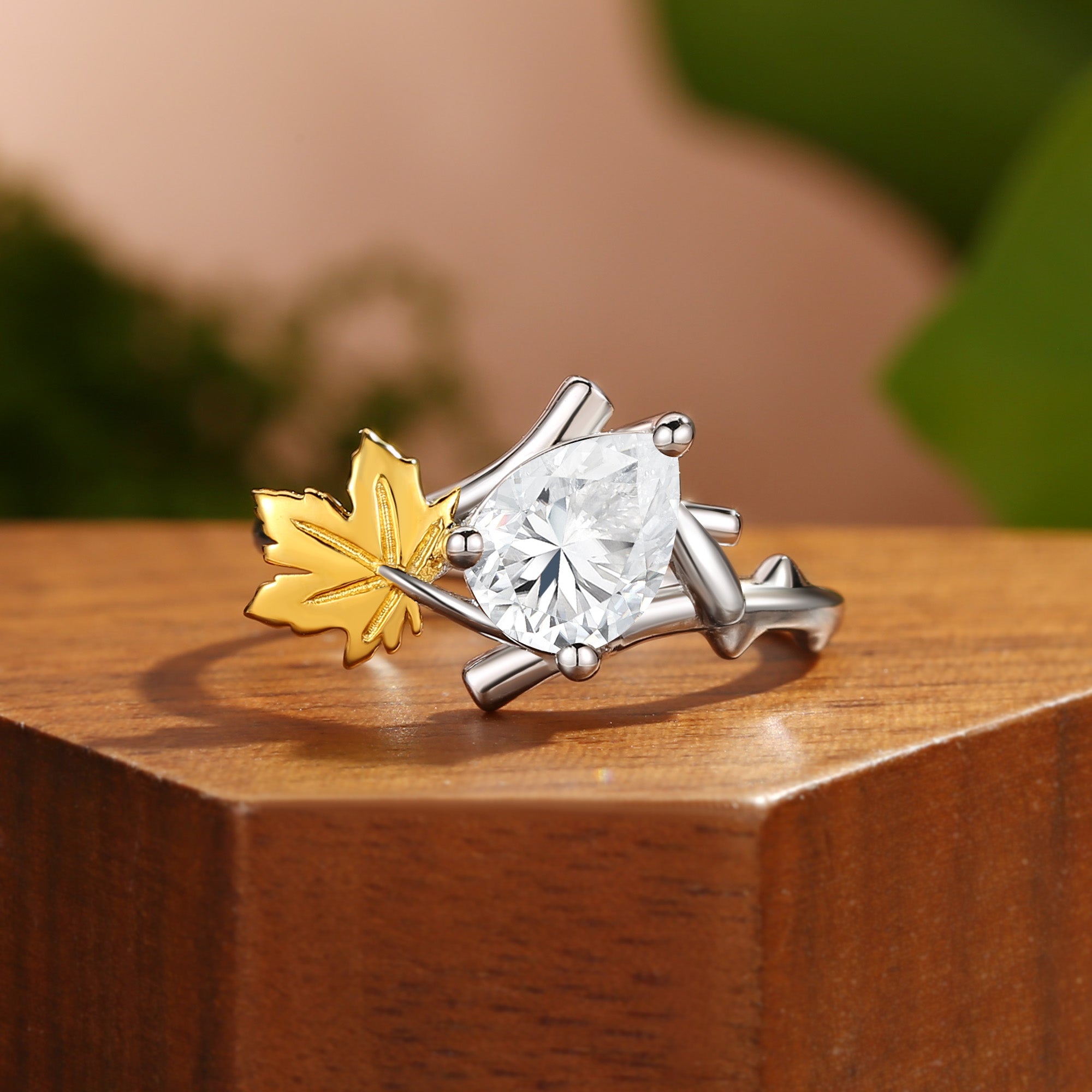 Maude - Unique Pear Cut Moissanite Maple Leafy Engagement Ring