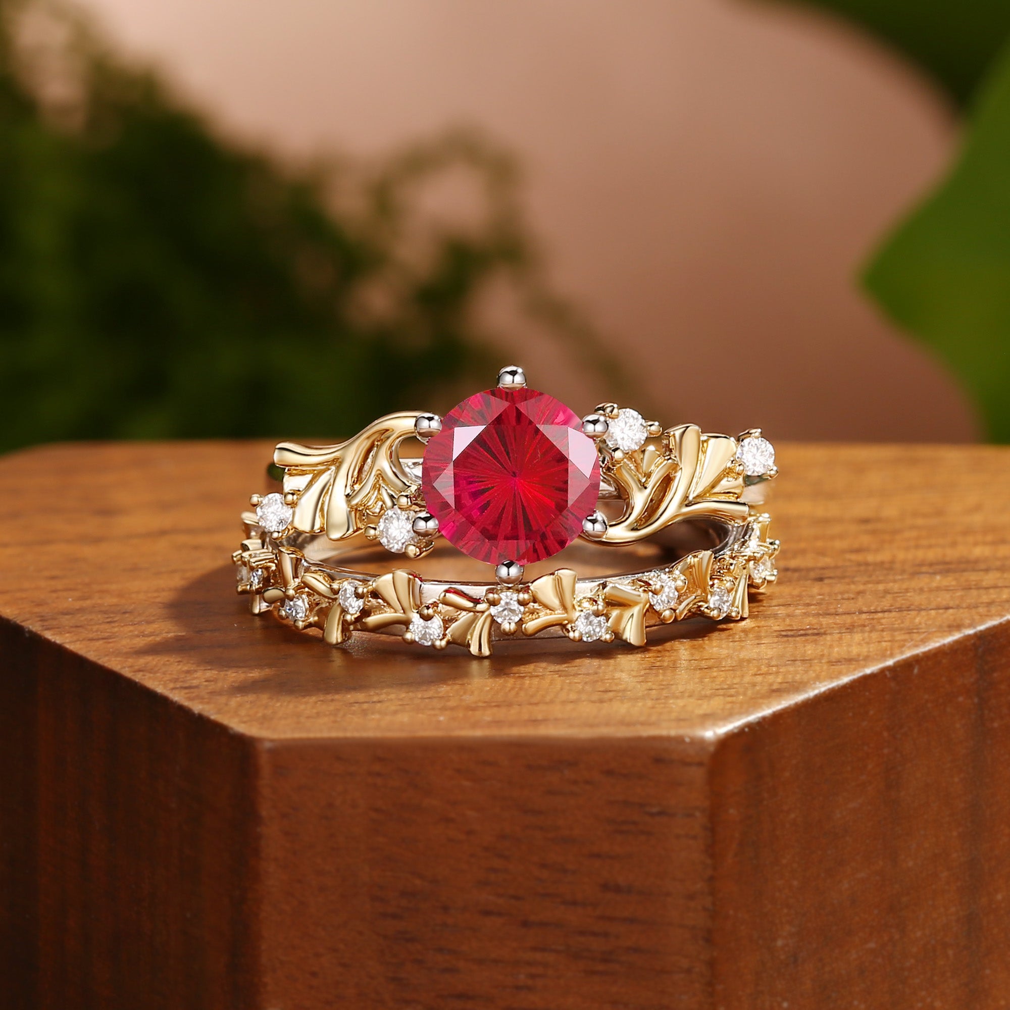 Kezia - Firework Cut Ruby Ginkgo Leaf Inspired Bridal Set 2pcs