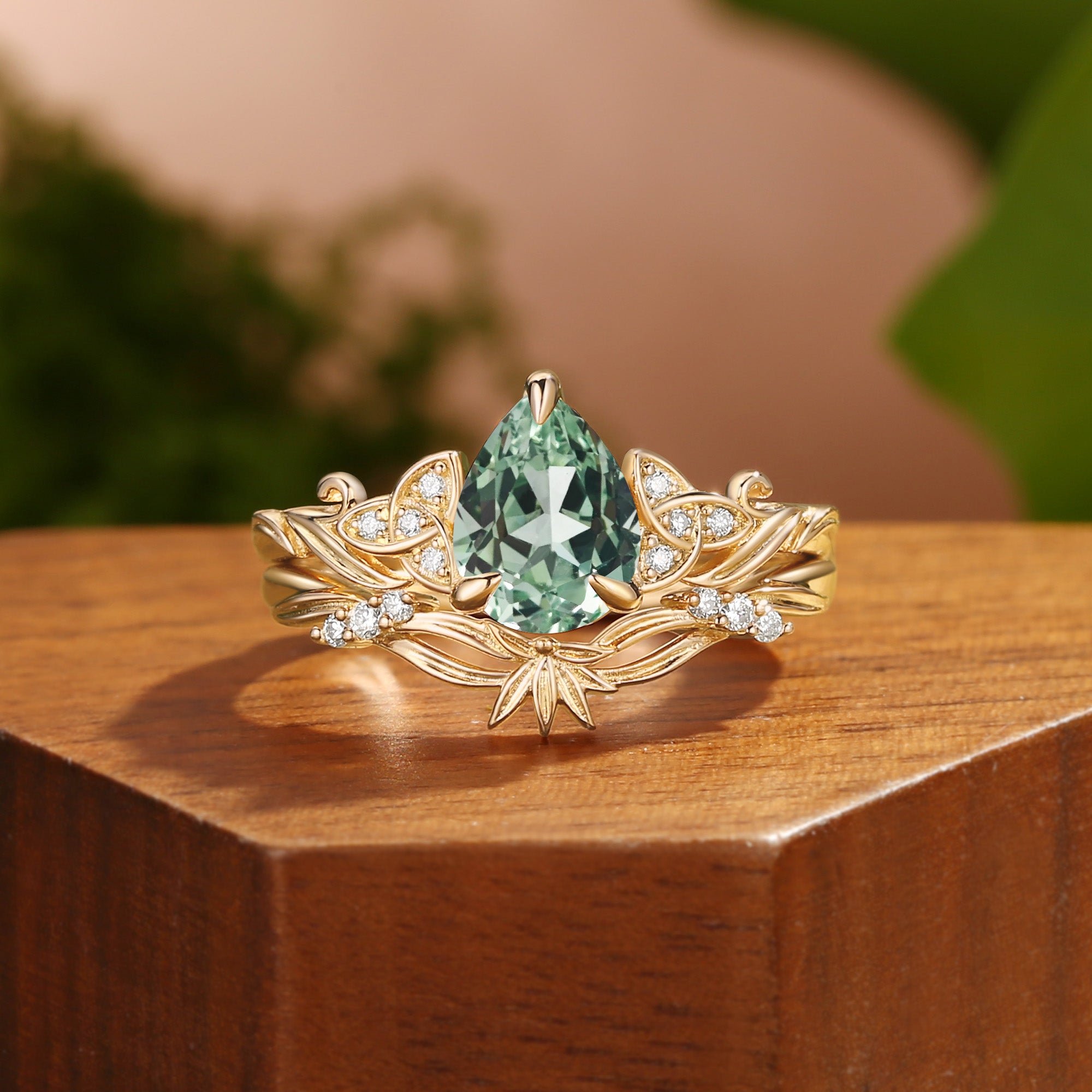 Pear Cut Green Sapphire Meadow Blossom Celtic Bridal Set 2pcs - Christiana