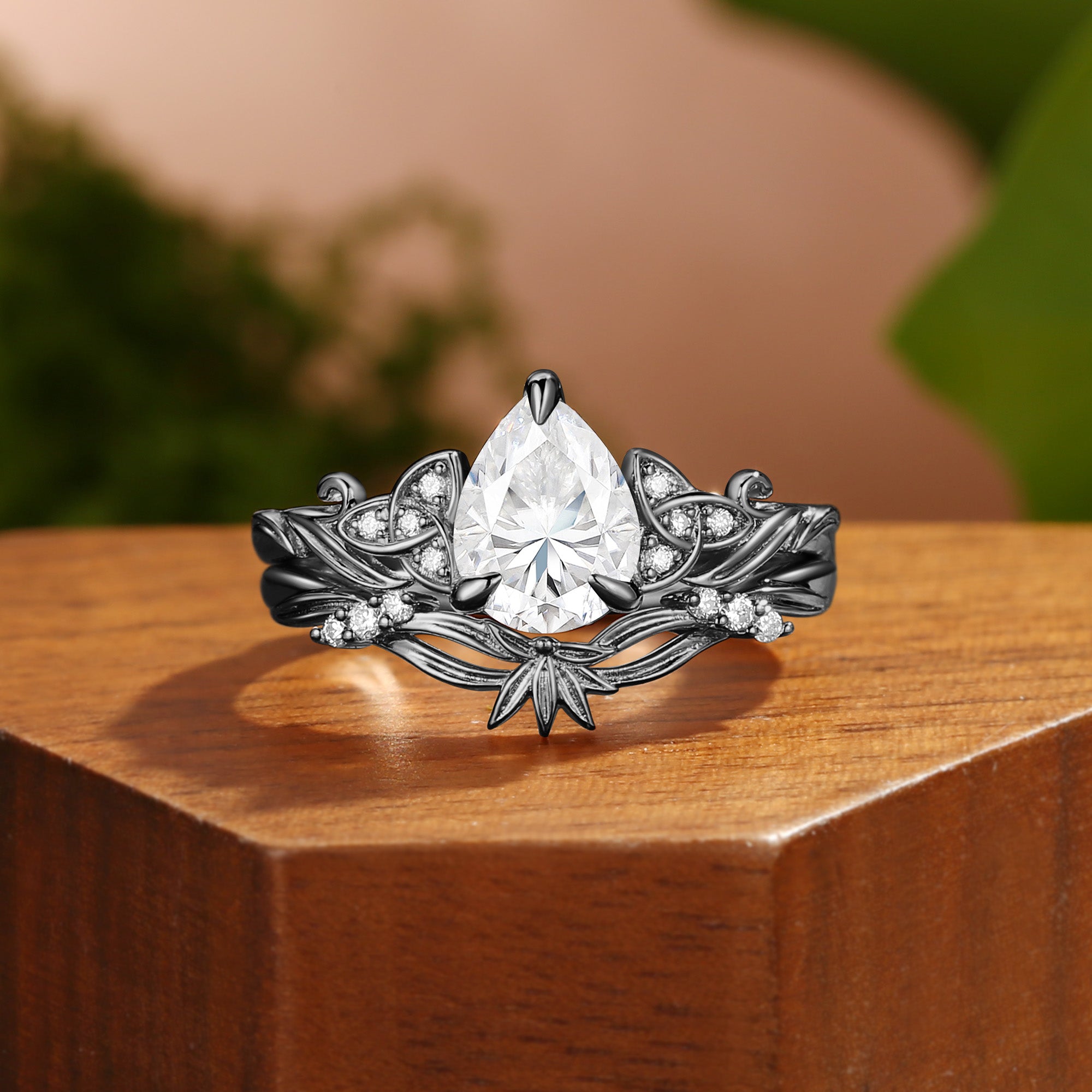 Clarissa - Pear Cut Moissanite Meadow Blossom Celtic Bridal Set 2pcs