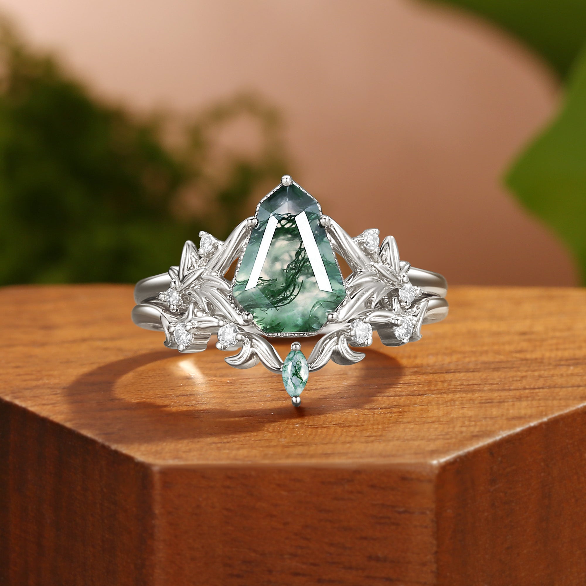 Thalia - Non-traditional Shield Cut Moss Agate 14K Gold Meadow Blossom Wedding Ring