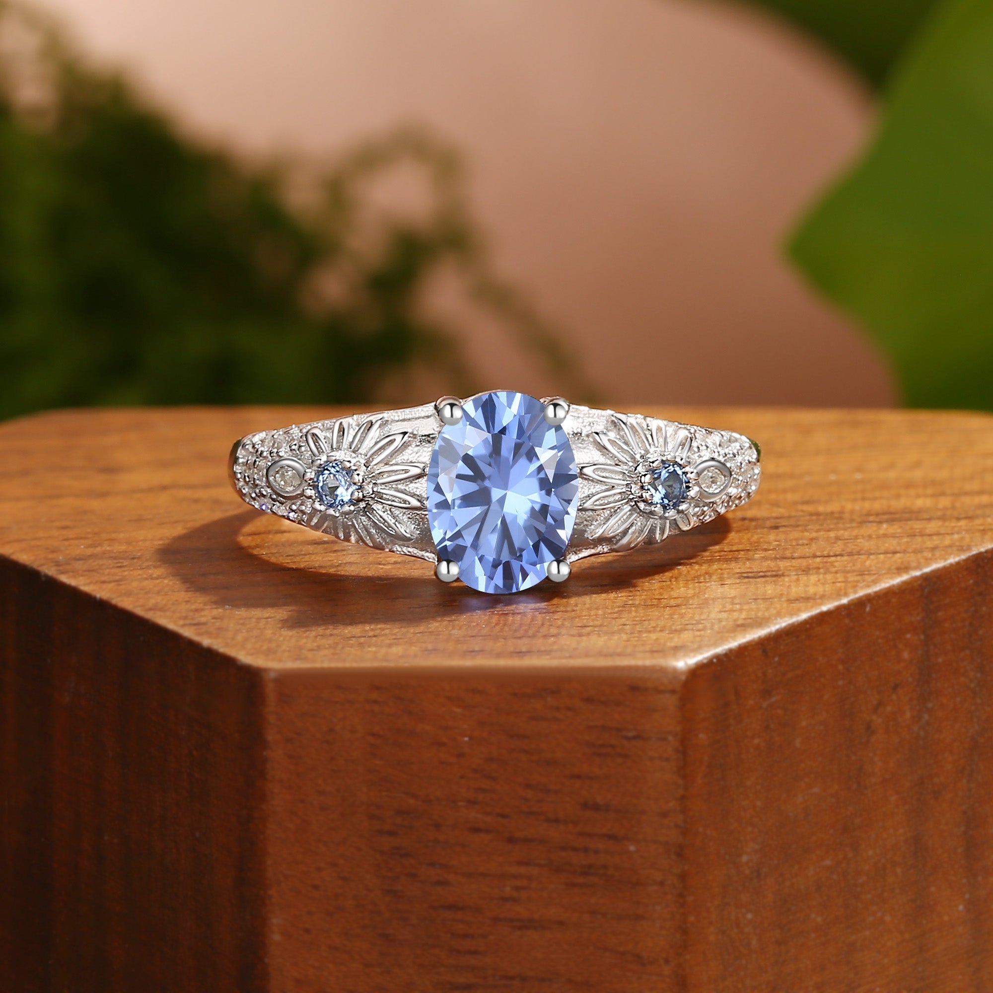 Ornella - Oval Cut Lab Cornflower Blue Sapphire Flower Engagement Ring