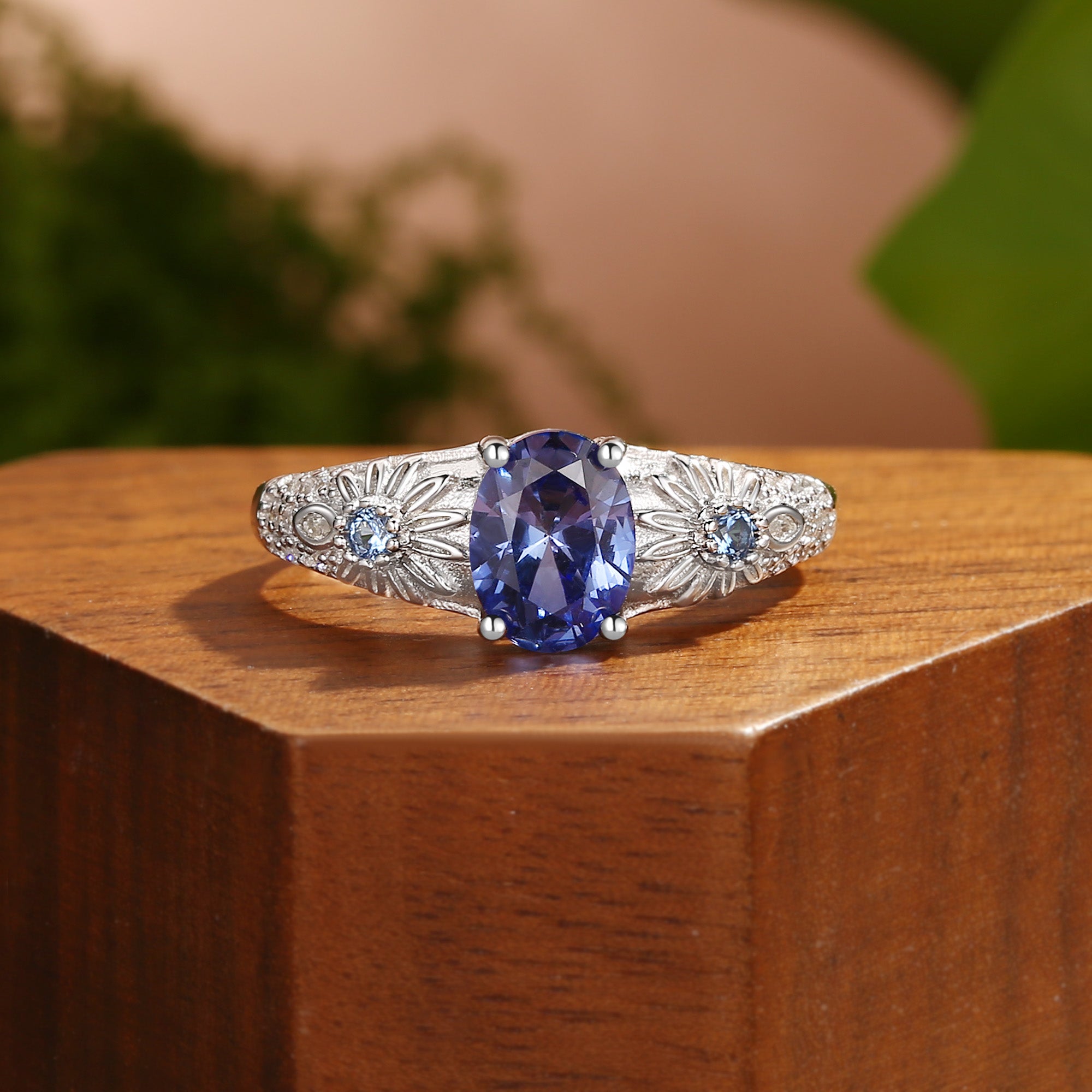 Ornella - Oval Cut Lab Cornflower Blue Sapphire Flower Engagement Ring