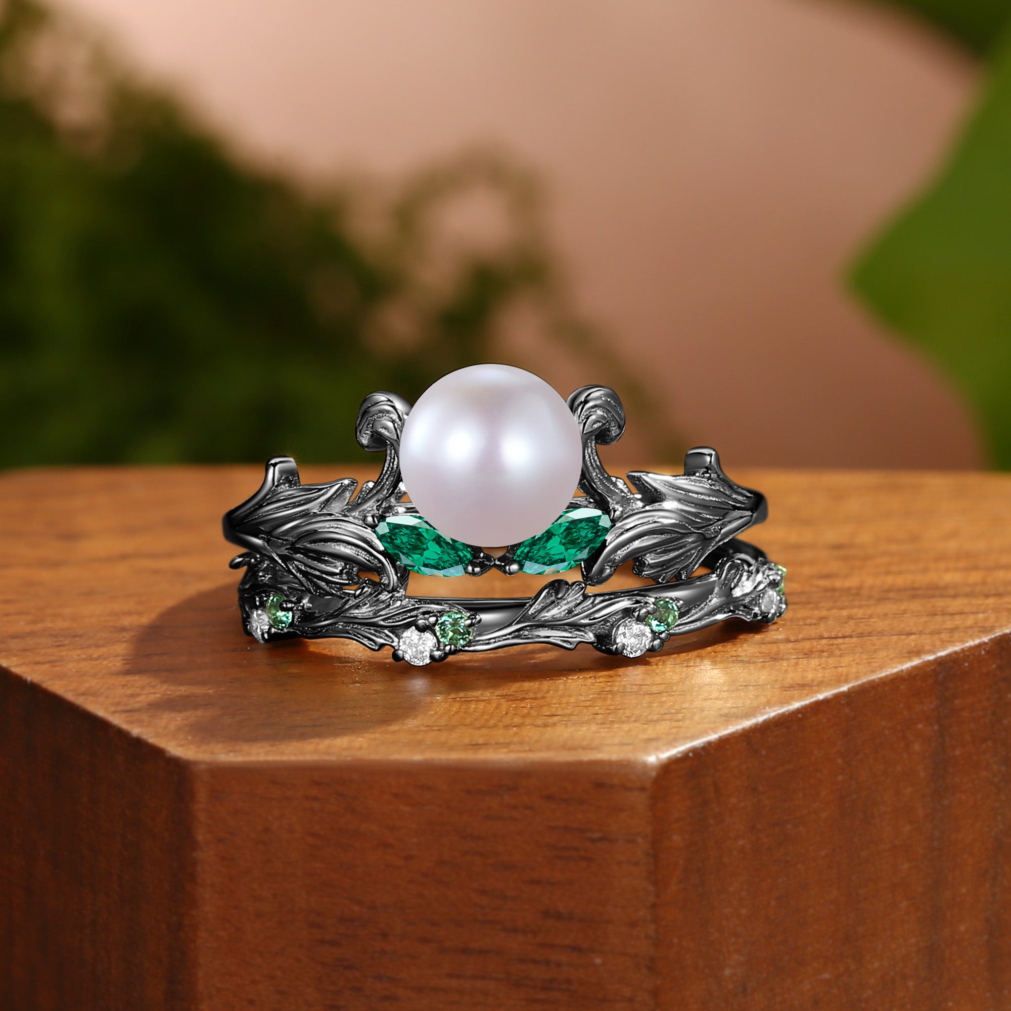 Bianca - Unique Round Cut Pearl Acanthus Inspired Art Deco Bridal Set 2pcs