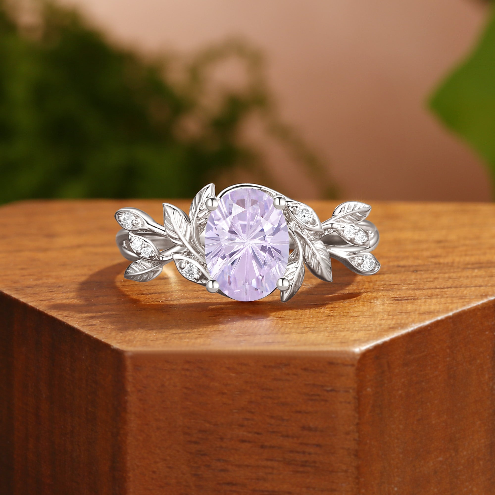 Yolande- Firework Portrait Oval Cut Purple Sapphire Leafy Engagement Ring