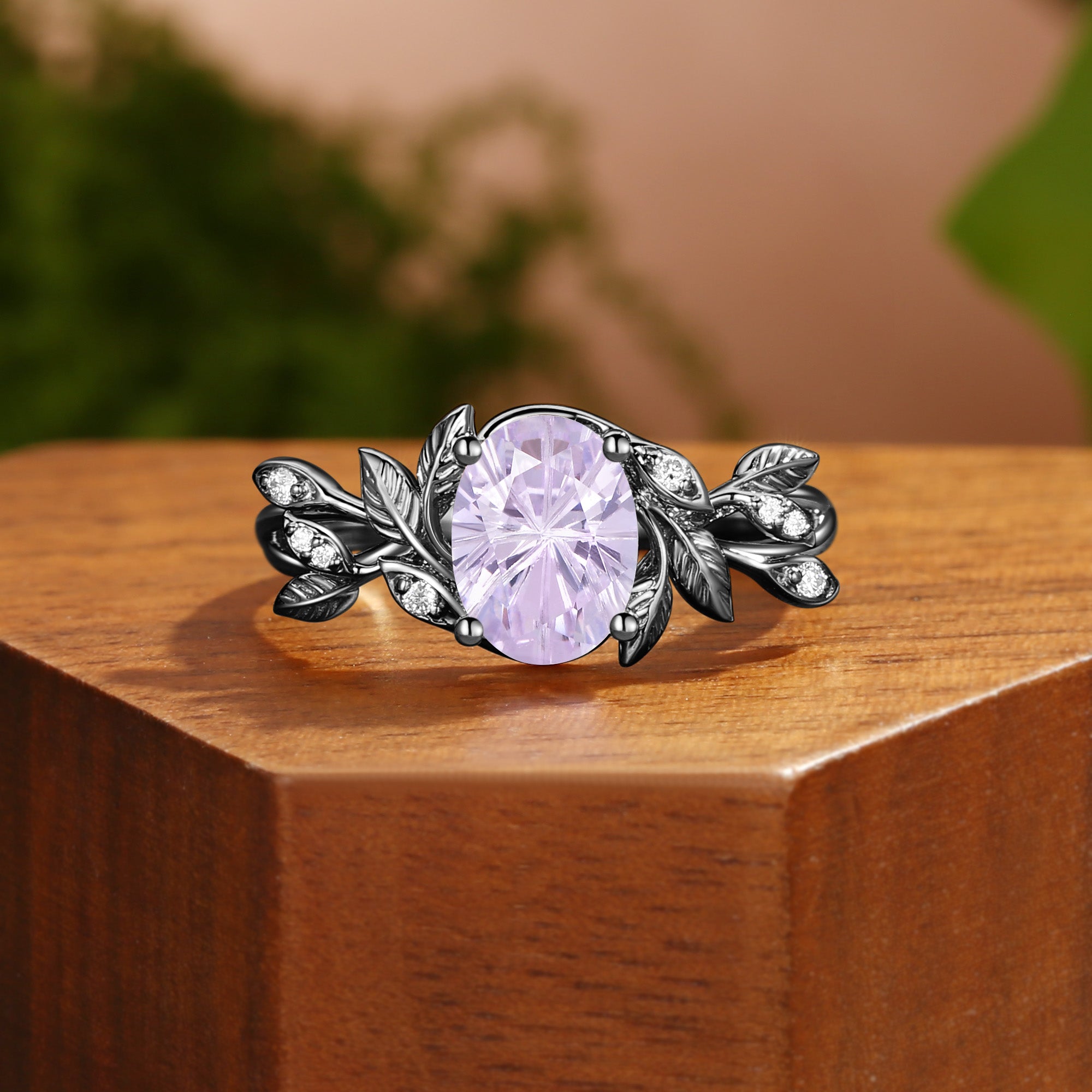 Yolande- Firework Portrait Oval Cut Purple Sapphire Leafy Engagement Ring
