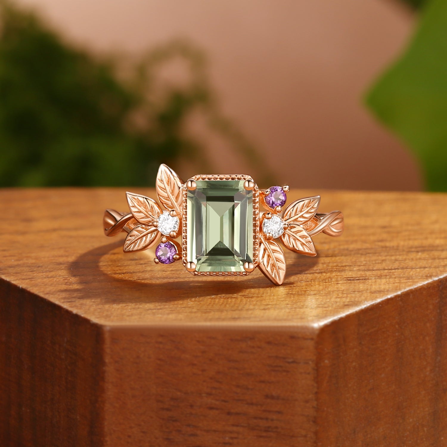 Elaine - Emerald Cut Green Sapphire Nature Inspired Leafy BlingFlare Engagement Ring