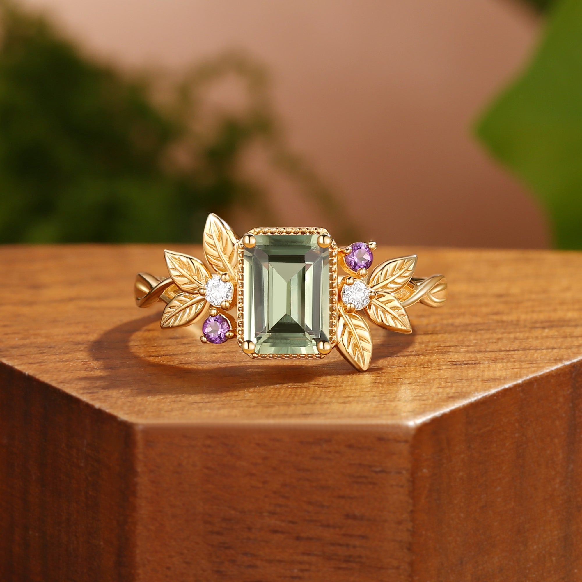 Elaine - Emerald Cut Green Sapphire Nature Inspired Leafy BlingFlare Engagement Ring