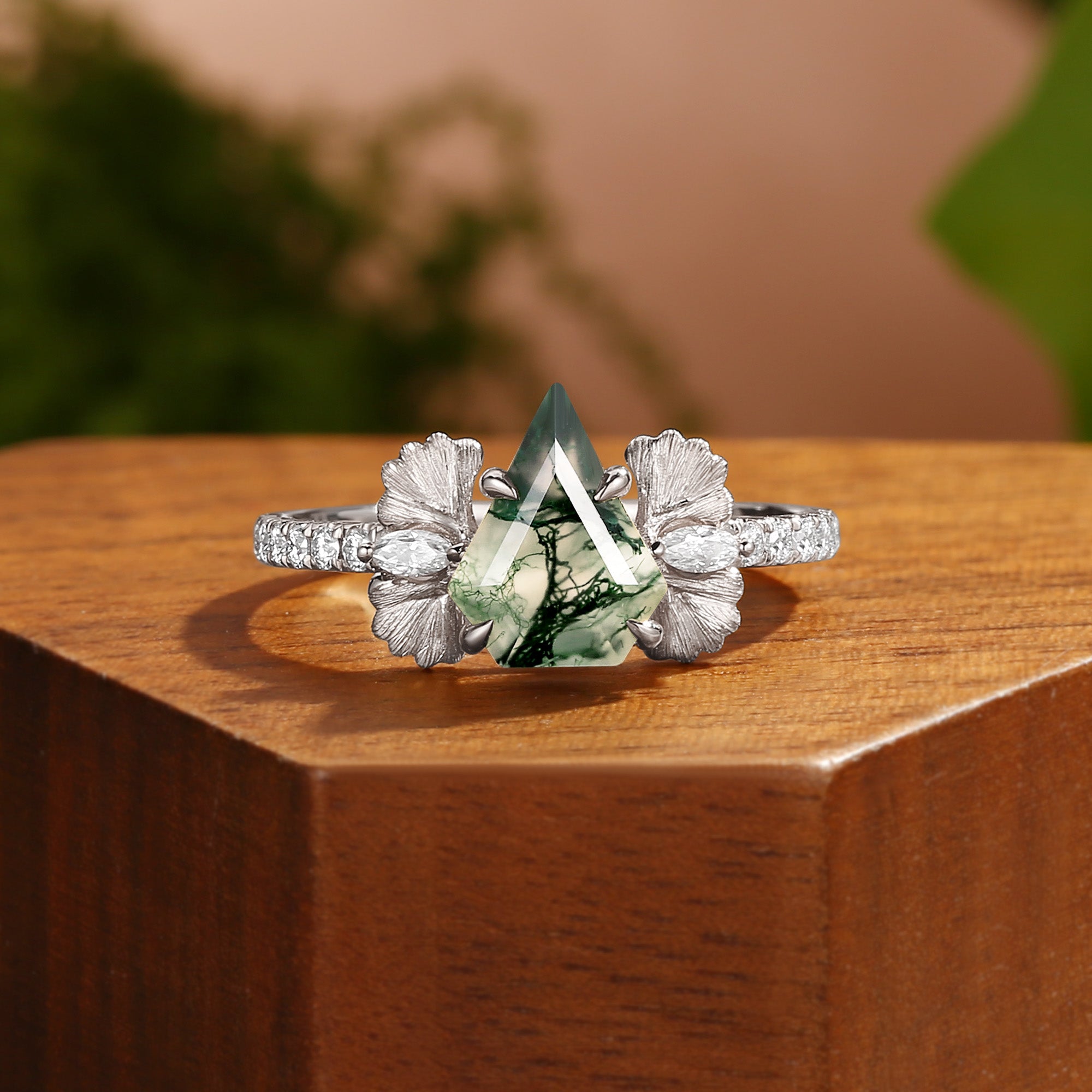 Thalia - Non-traditional Shield Cut Moss Agate Ginkgo Leaf Engagement Ring