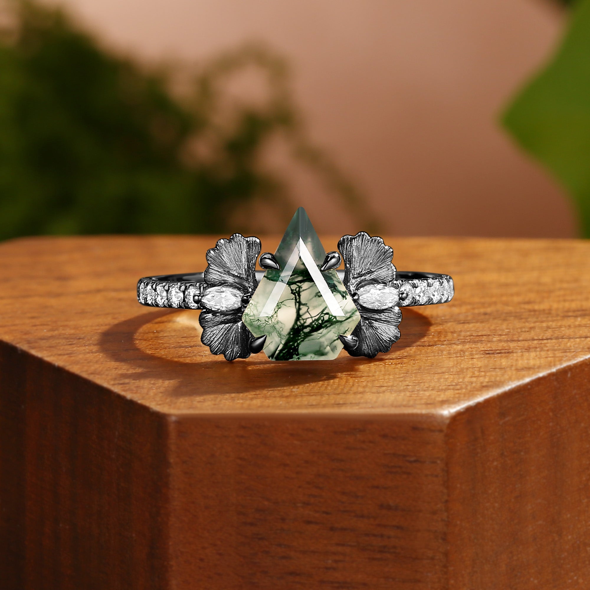 Thalia - Non-traditional Shield Cut Moss Agate Ginkgo Leaf Engagement Ring
