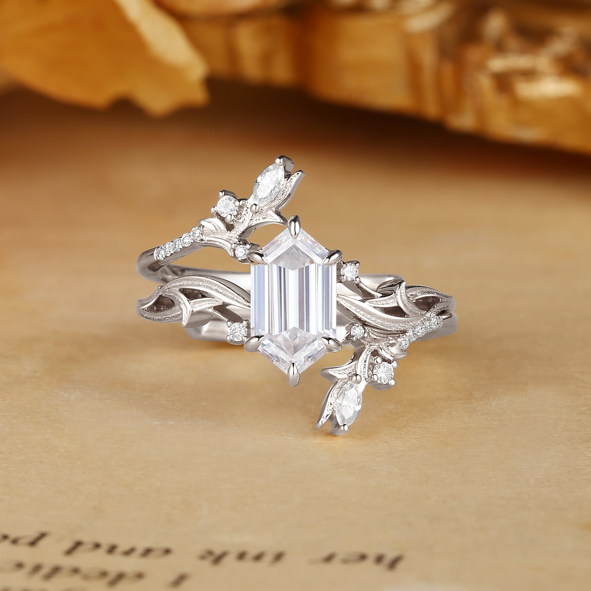 Quorina - Hexagon Cut Moissanite Leafy Nature Inspired Twist Enhancer Ring 2pcs