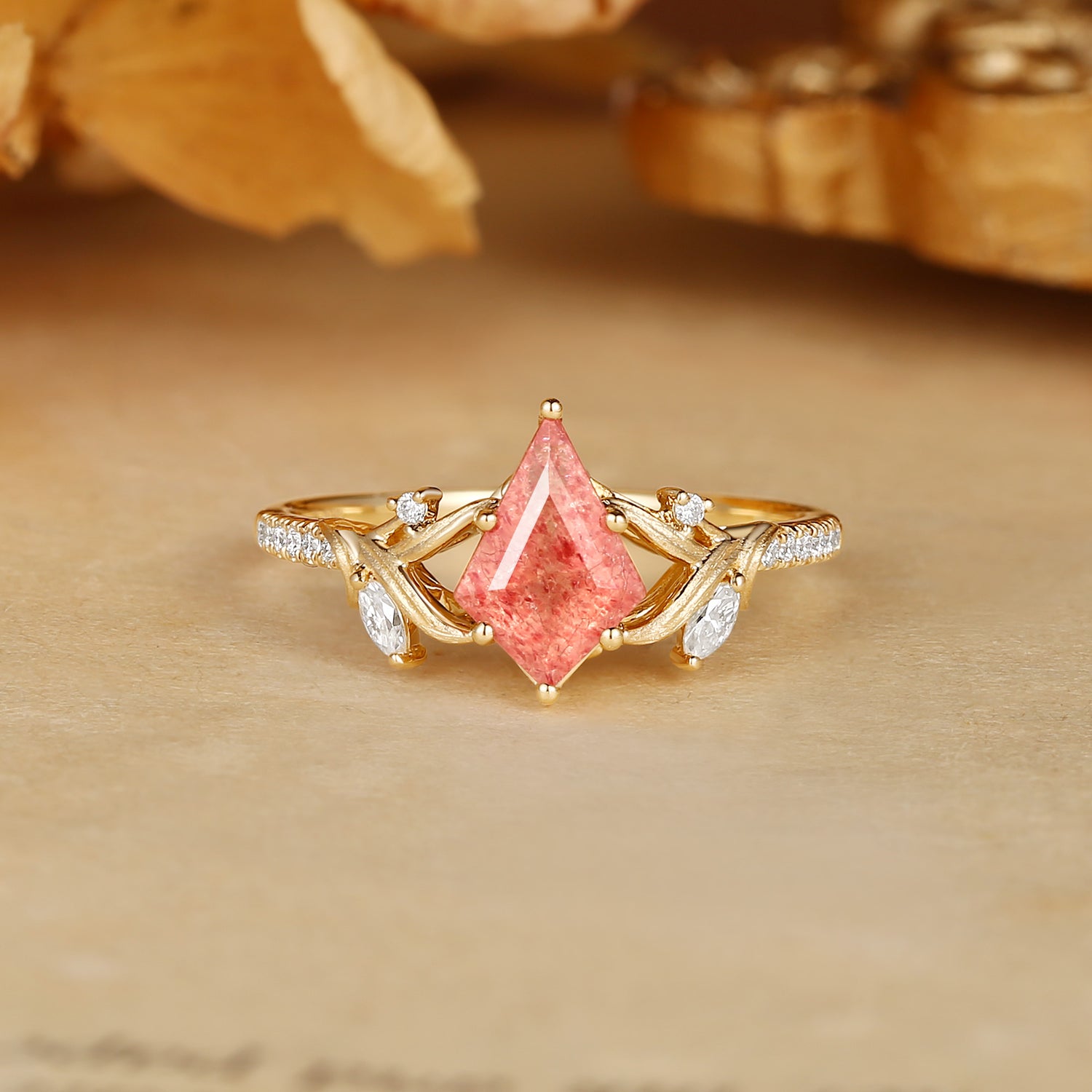 Karina - Kite Cut Strawberry Quartz Meadow Blossom Flora Engagement Ring