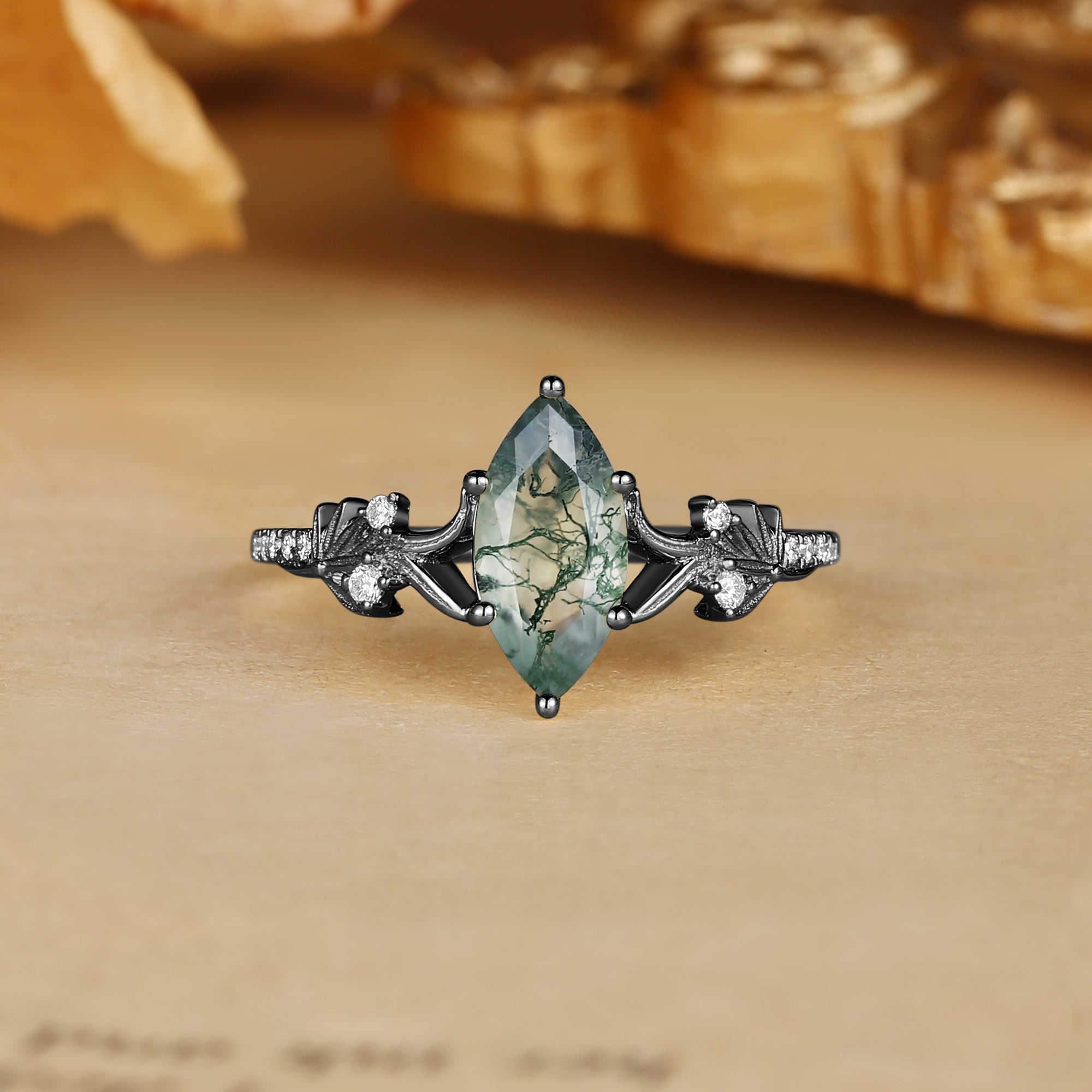 Halia - Nature Inspired Marquise Cut Moss Agate Meadow Blossom Engagement Ring