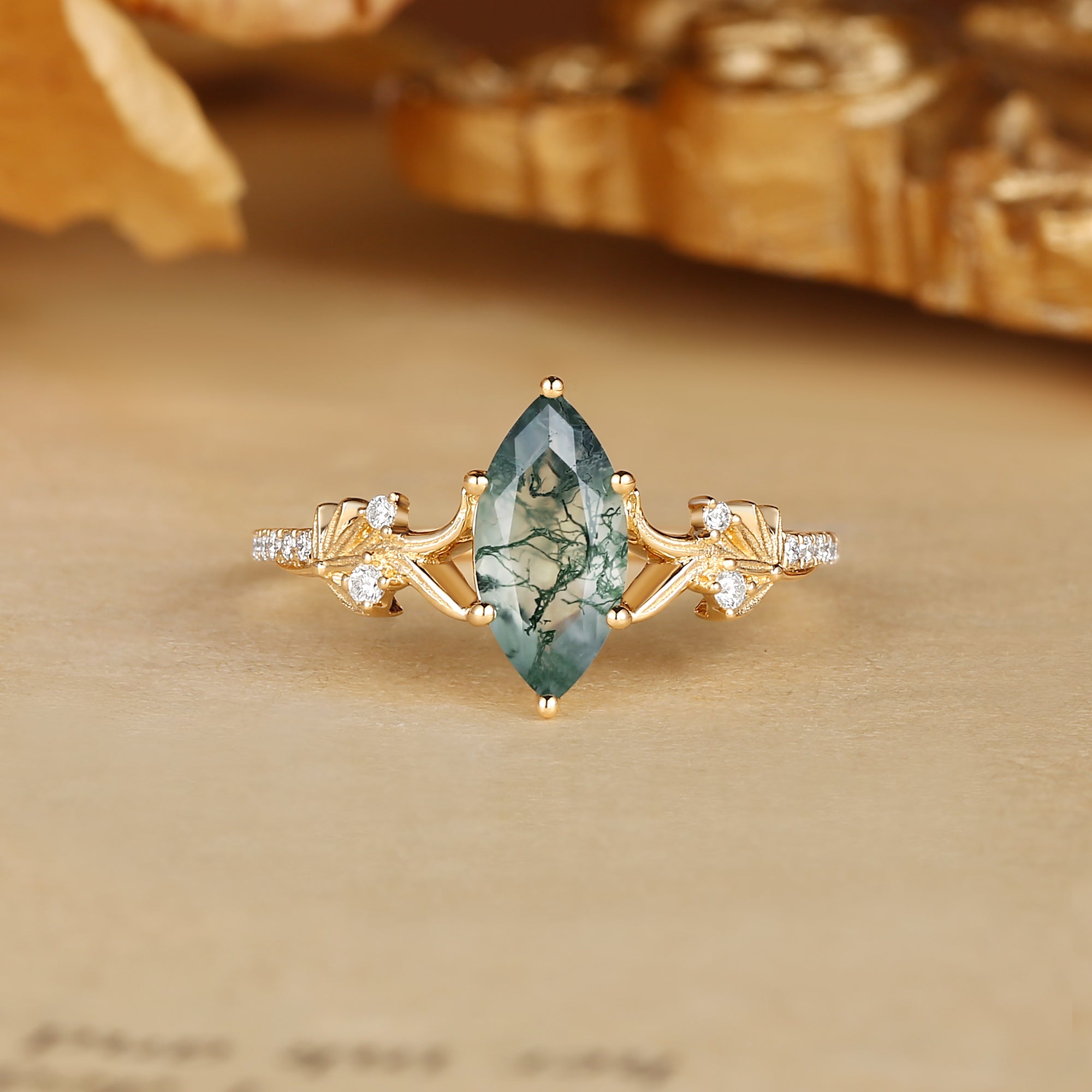 Halia - Nature Inspired Marquise Cut Moss Agate Meadow Blossom Engagement Ring