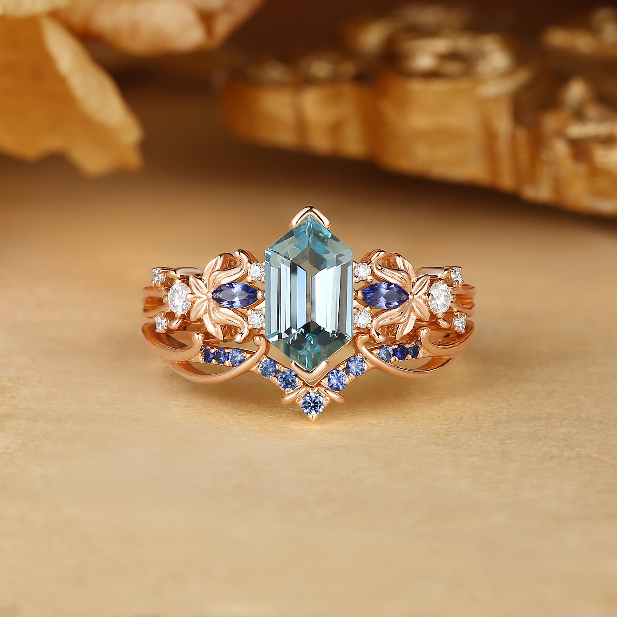 Quilina - Hexagon Cut Aquamarine Butterfly Leafy Inspired Enhancer Ring 2pcs