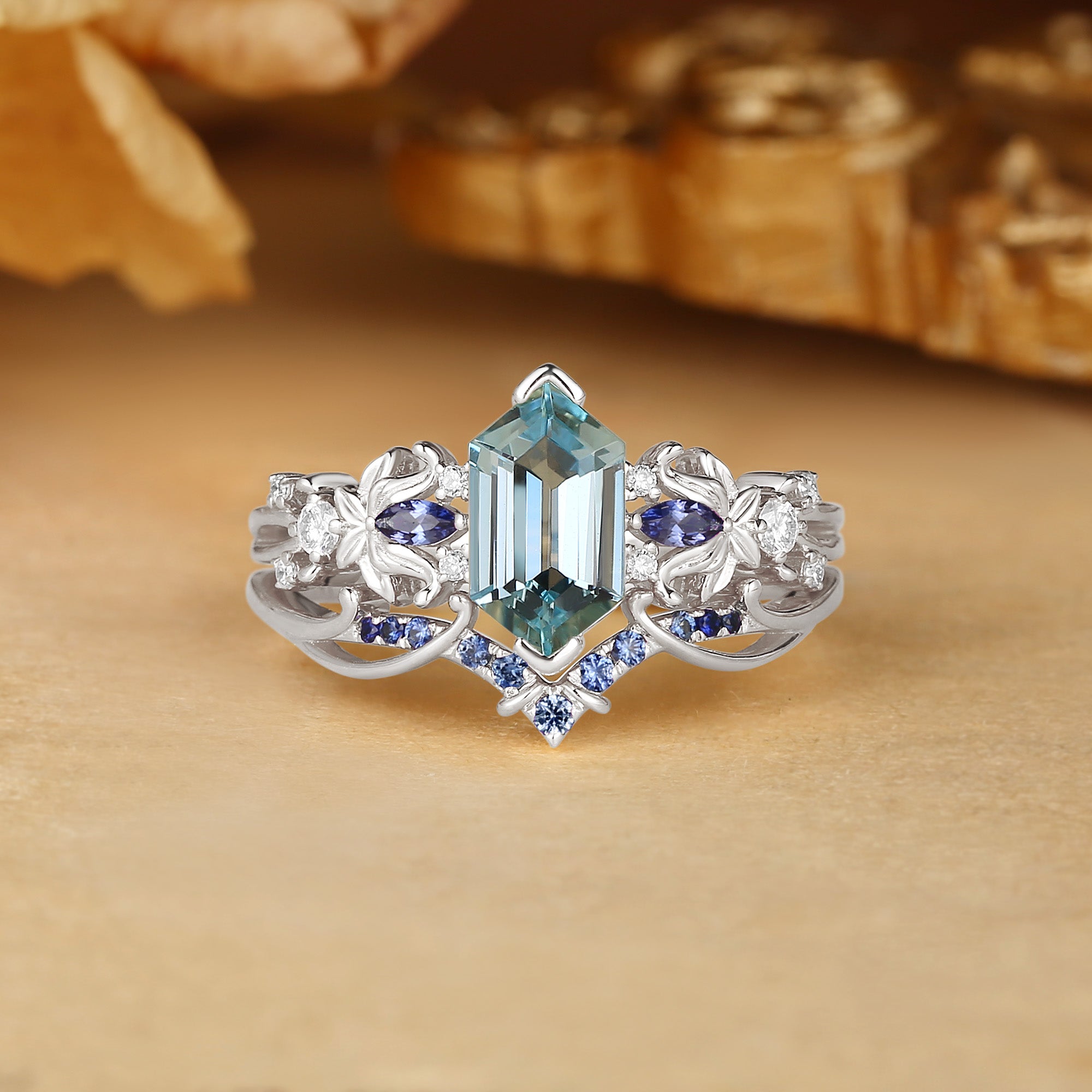 Quilina - Hexagon Cut Aquamarine Butterfly Leafy Inspired Enhancer Ring 2pcs
