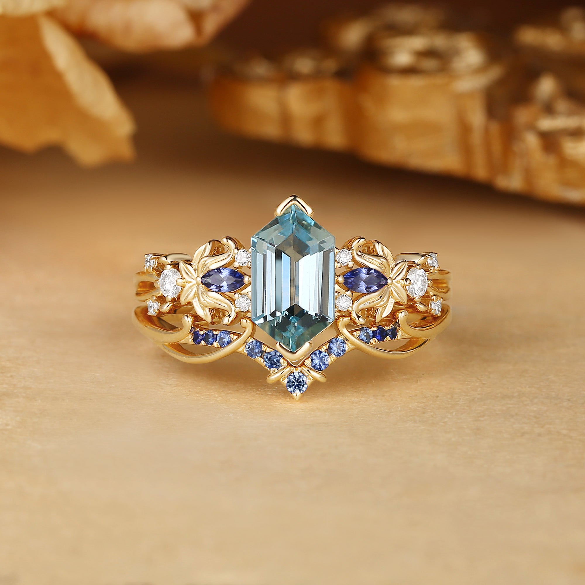 Quilina - Hexagon Cut Aquamarine Butterfly Leafy Inspired Enhancer Ring 2pcs