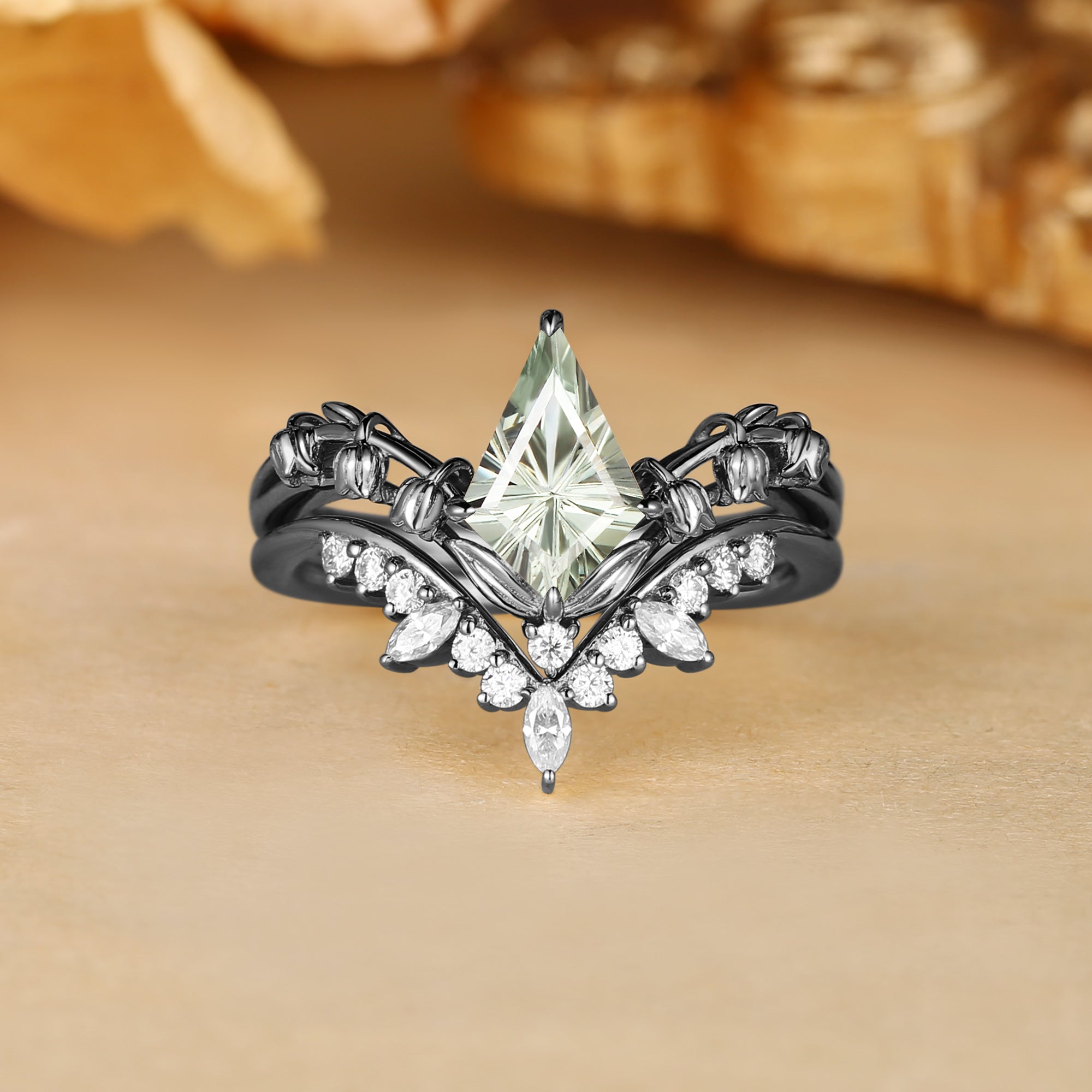 Kismet - Unique Firework Kite Cut Green Sapphire Flower Enamel Fairy Bridal Sets 2pcs