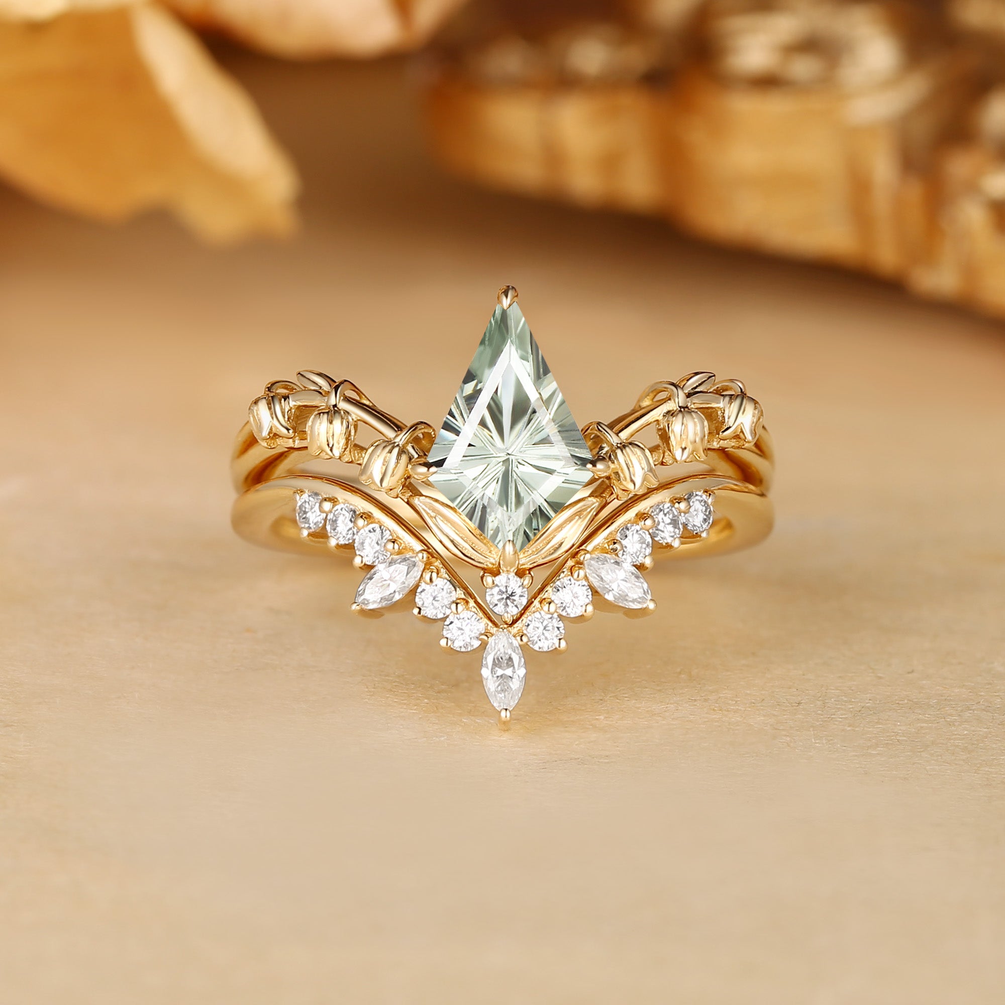 Kismet - Unique Firework Kite Cut Green Sapphire Flower Enamel Fairy Bridal Sets 2pcs