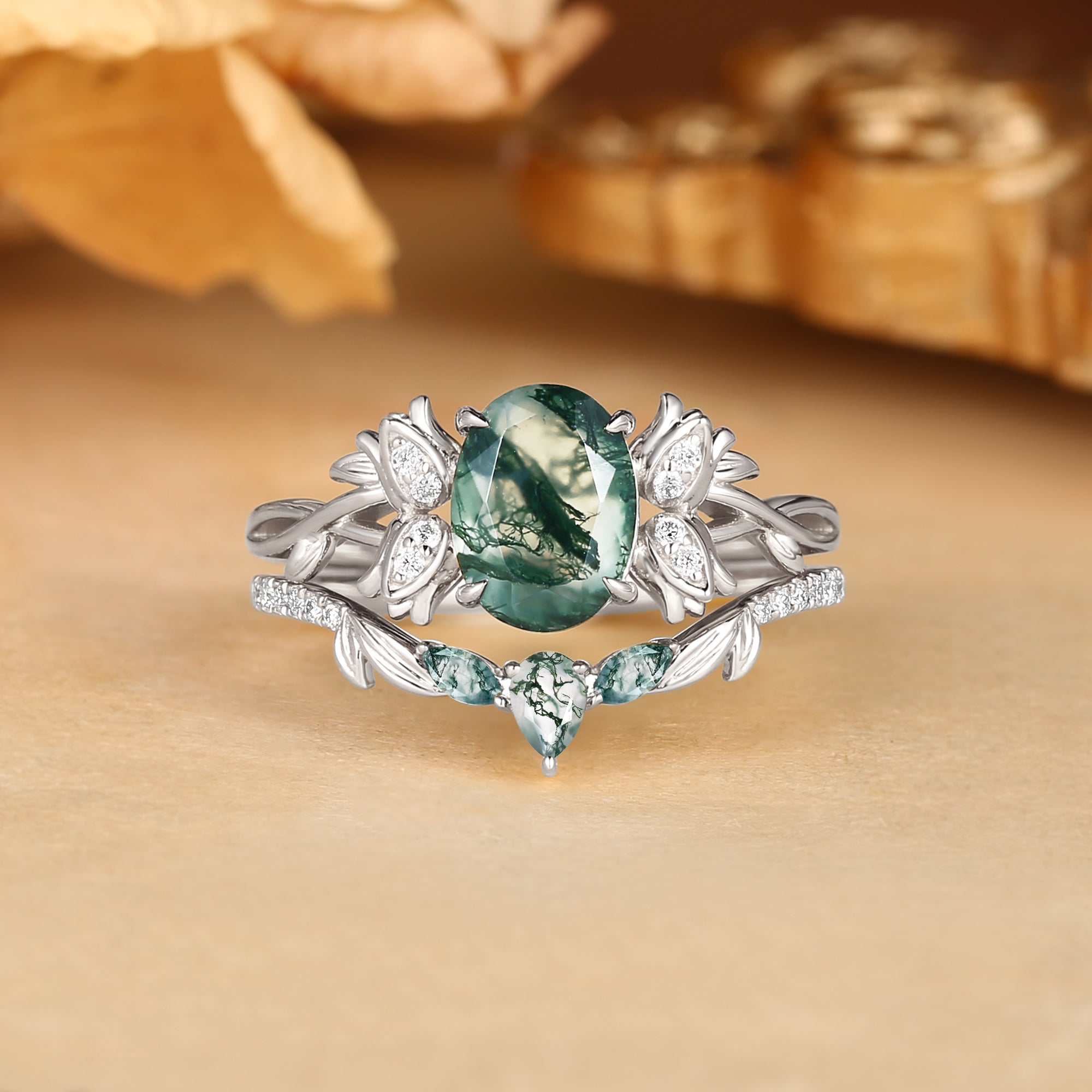 Marigold - Oval Cut Moss Agate Lily of the Valley Flower Twist  Engagement Ring Set 2pcs