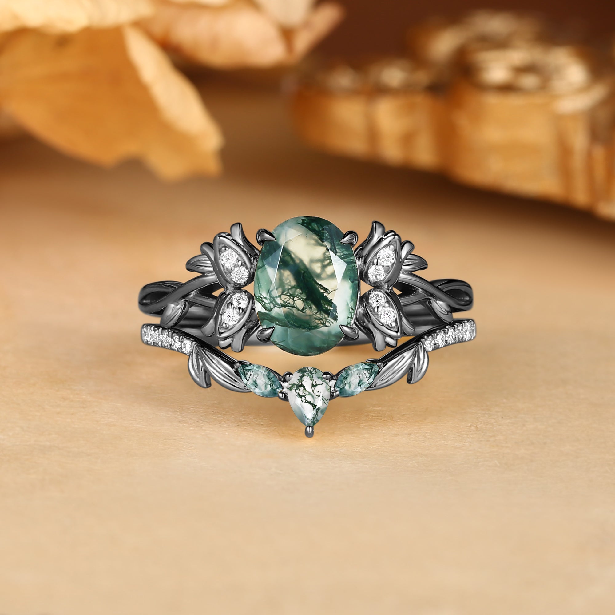 Marigold - Oval Cut Moss Agate Lily of the Valley Flower Twist  Engagement Ring Set 2pcs