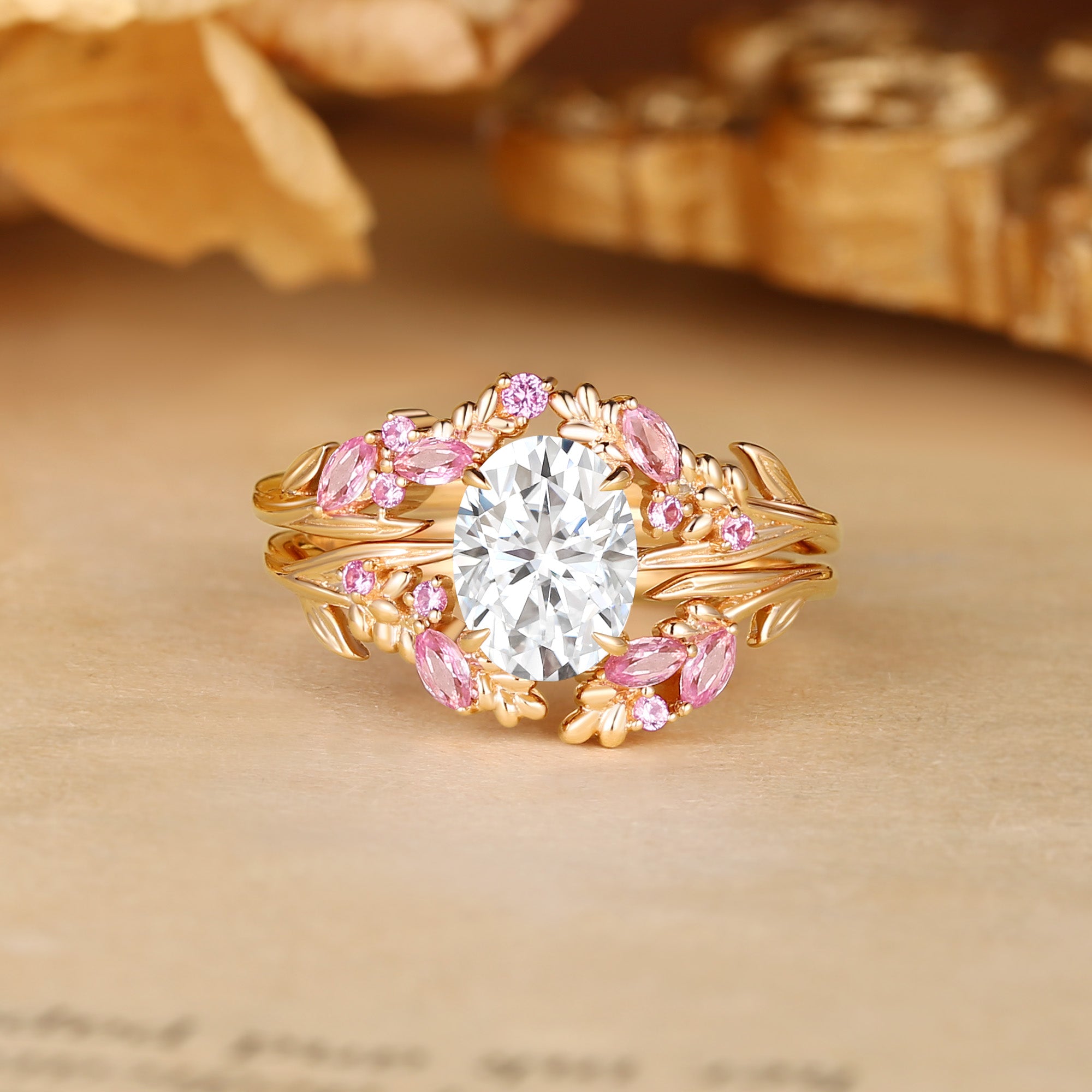 Rose - Oval Cut Moissanite Fairy Pink Flower Inspired Bridal Sets 2pcs