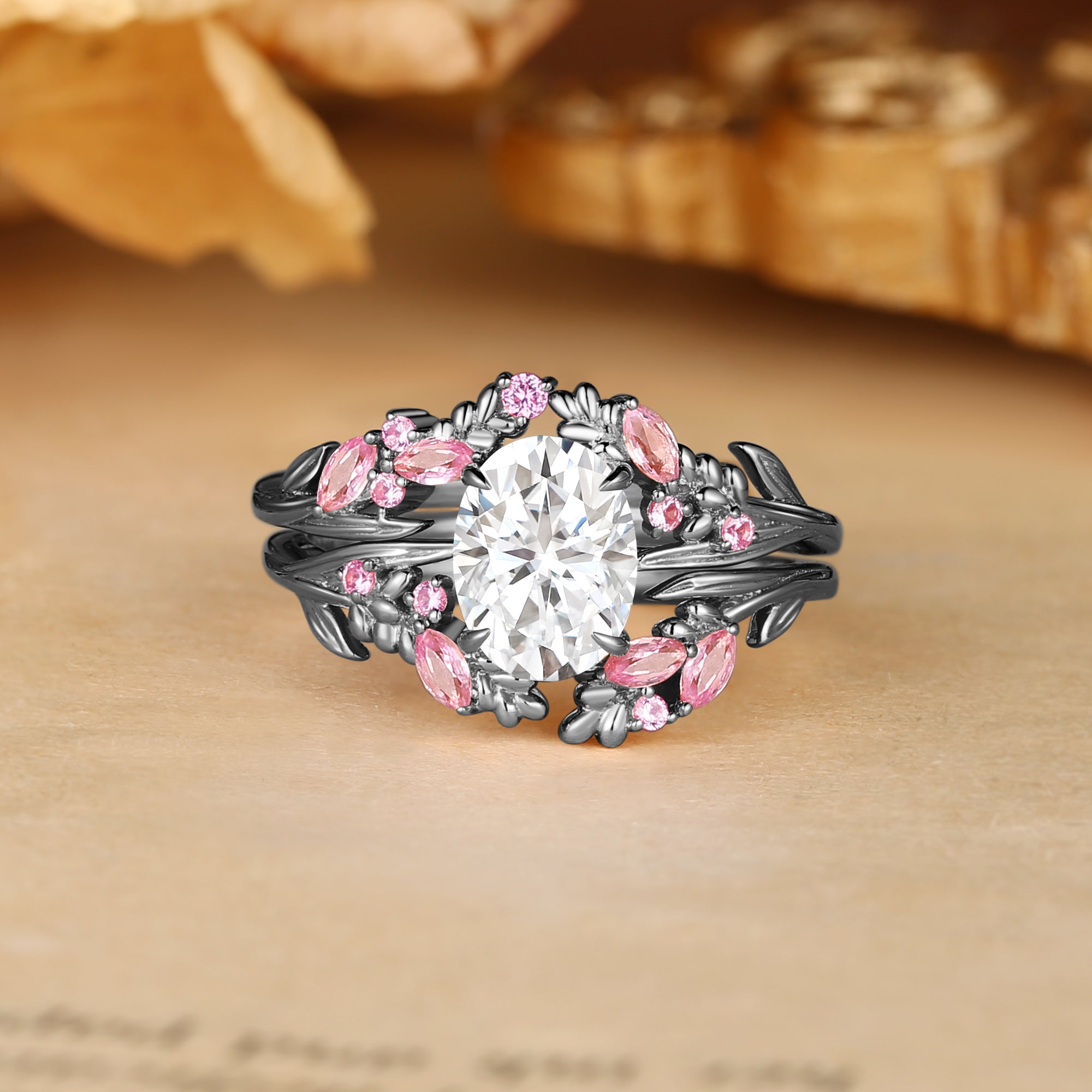 Rose - Oval Cut Moissanite Fairy Pink Flower Inspired Bridal Sets 2pcs