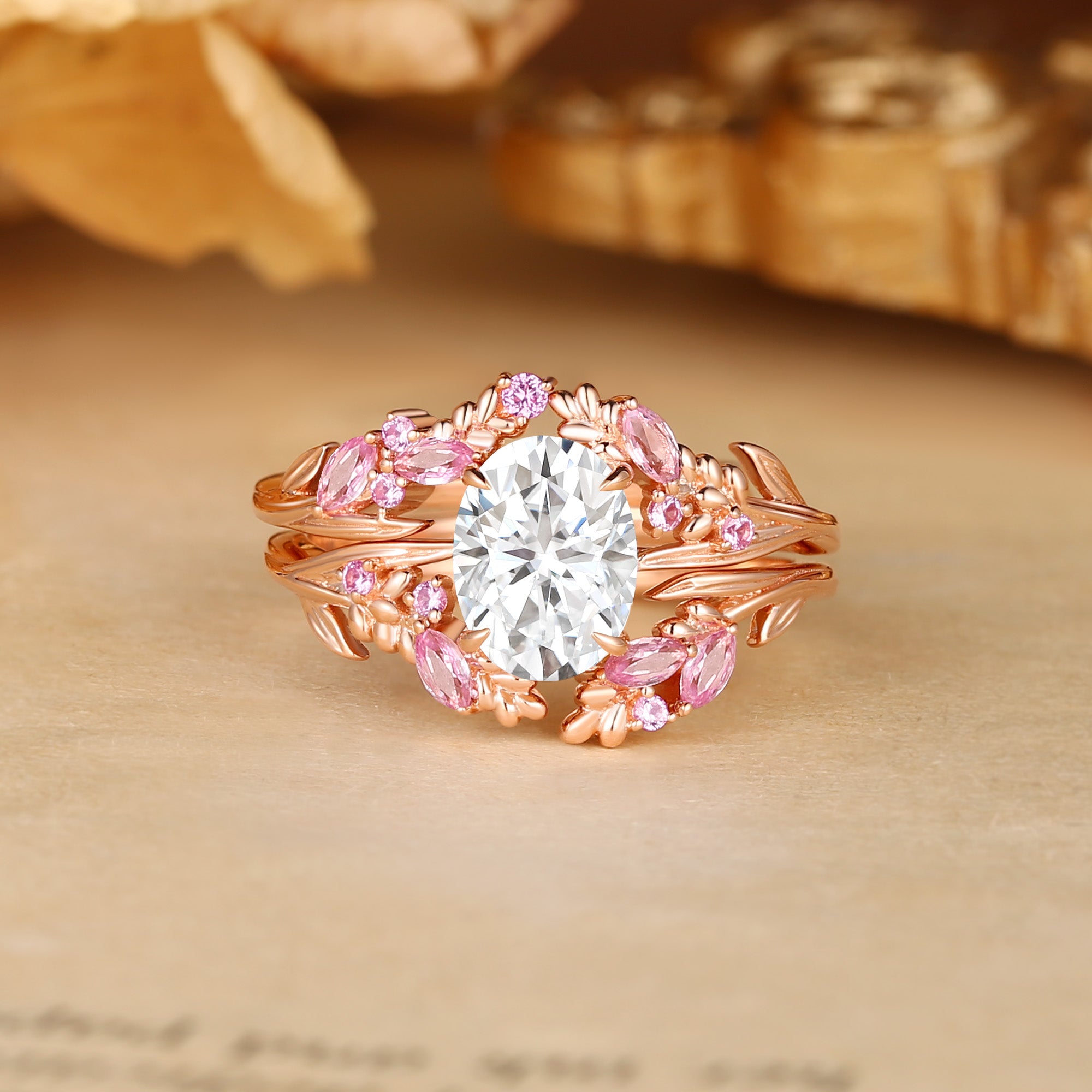 Rose - Oval Cut Moissanite Fairy Pink Flower Inspired Bridal Sets 2pcs