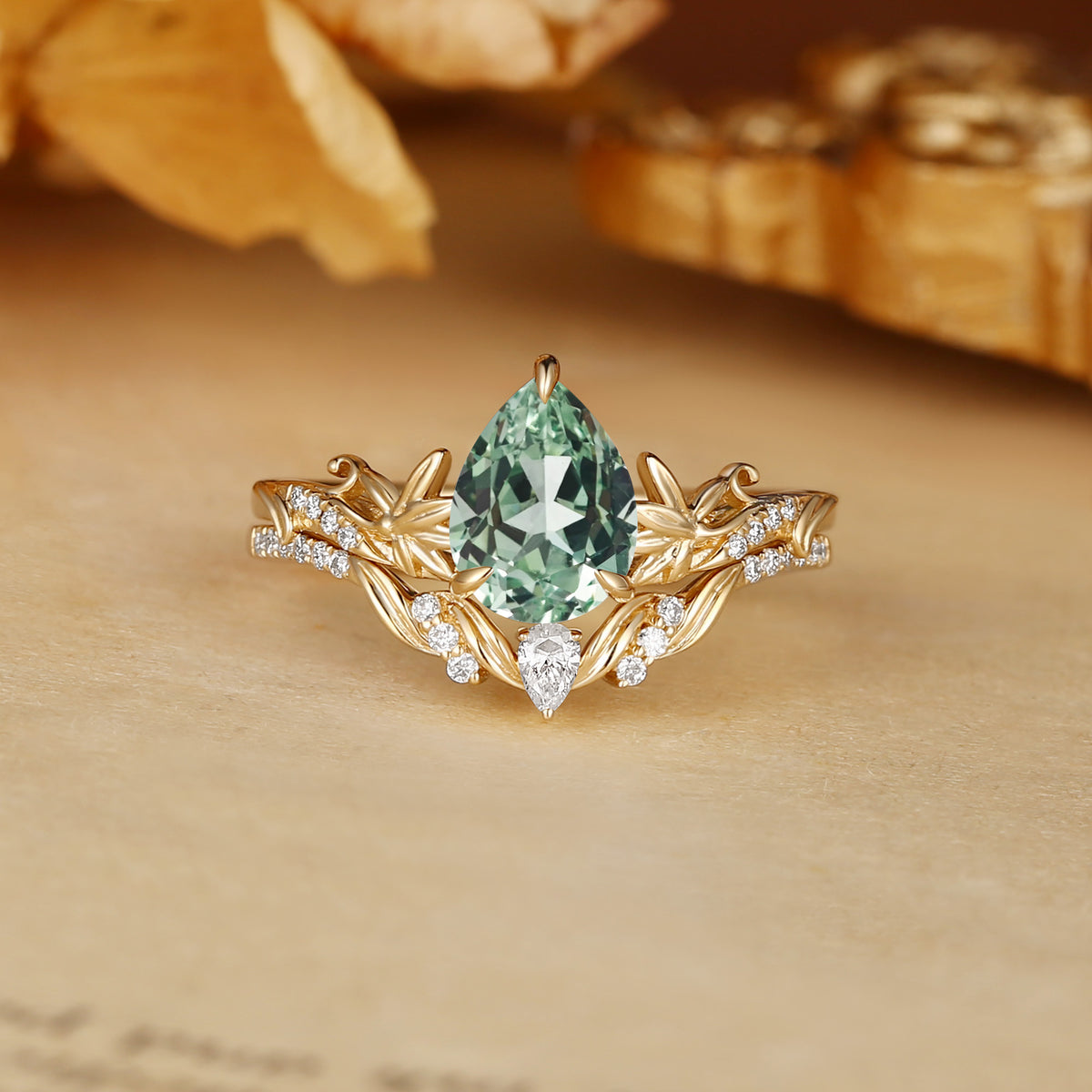 Pear Cut Green Sapphire Meadow Blossom Bridal Set 2pcs - Clarissa