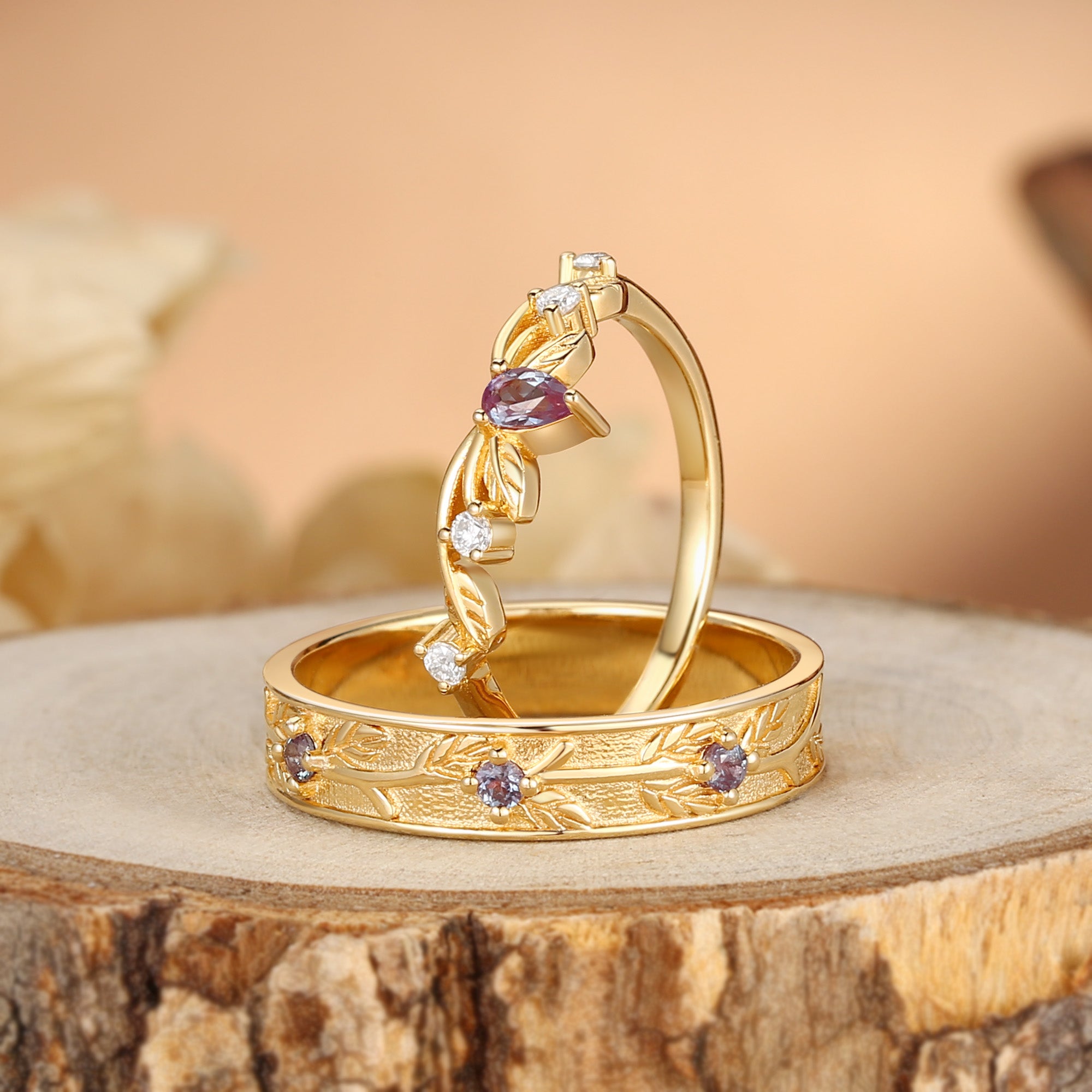 Couple Ring - Branch Engraved Leaf Alexandrite Bands For Men & Women 2pcs