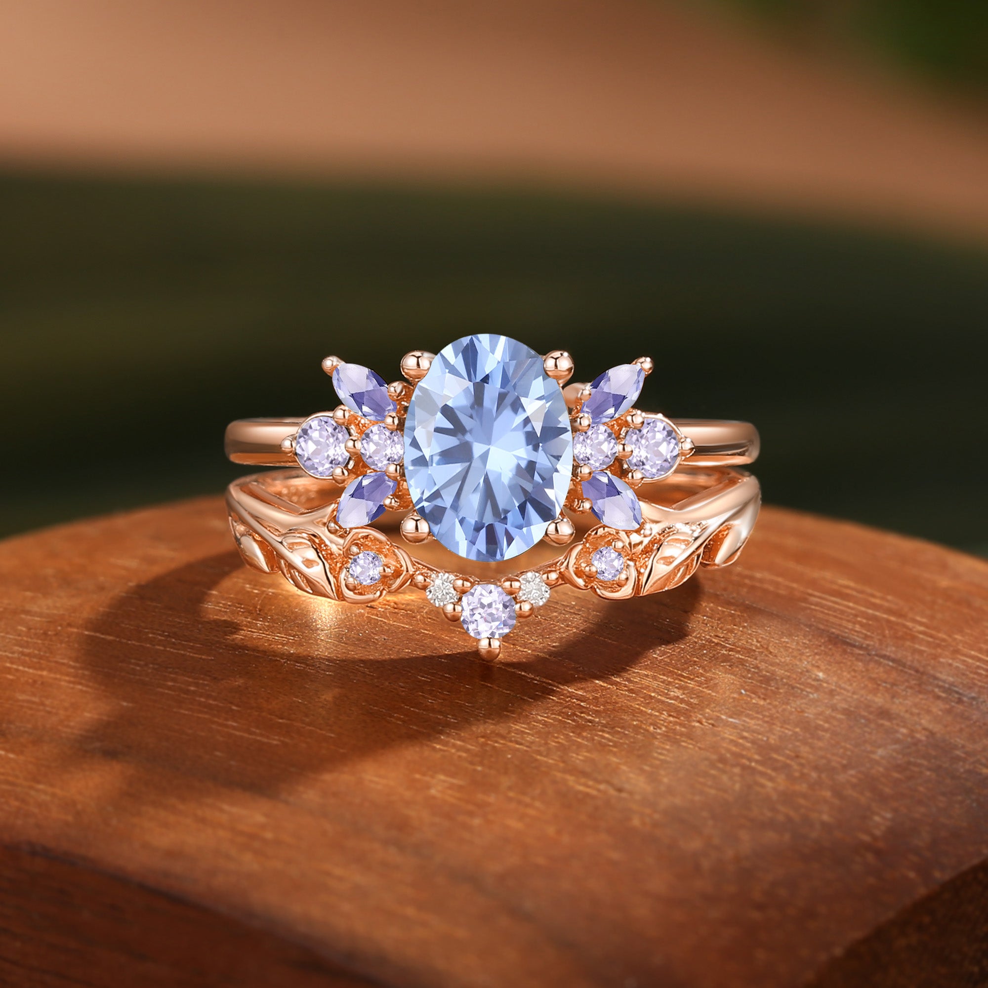 Leaf Oval Cut Cornflower Blue Sapphire Butterfly Fairy Bridal Sets 2pcs - Glenna