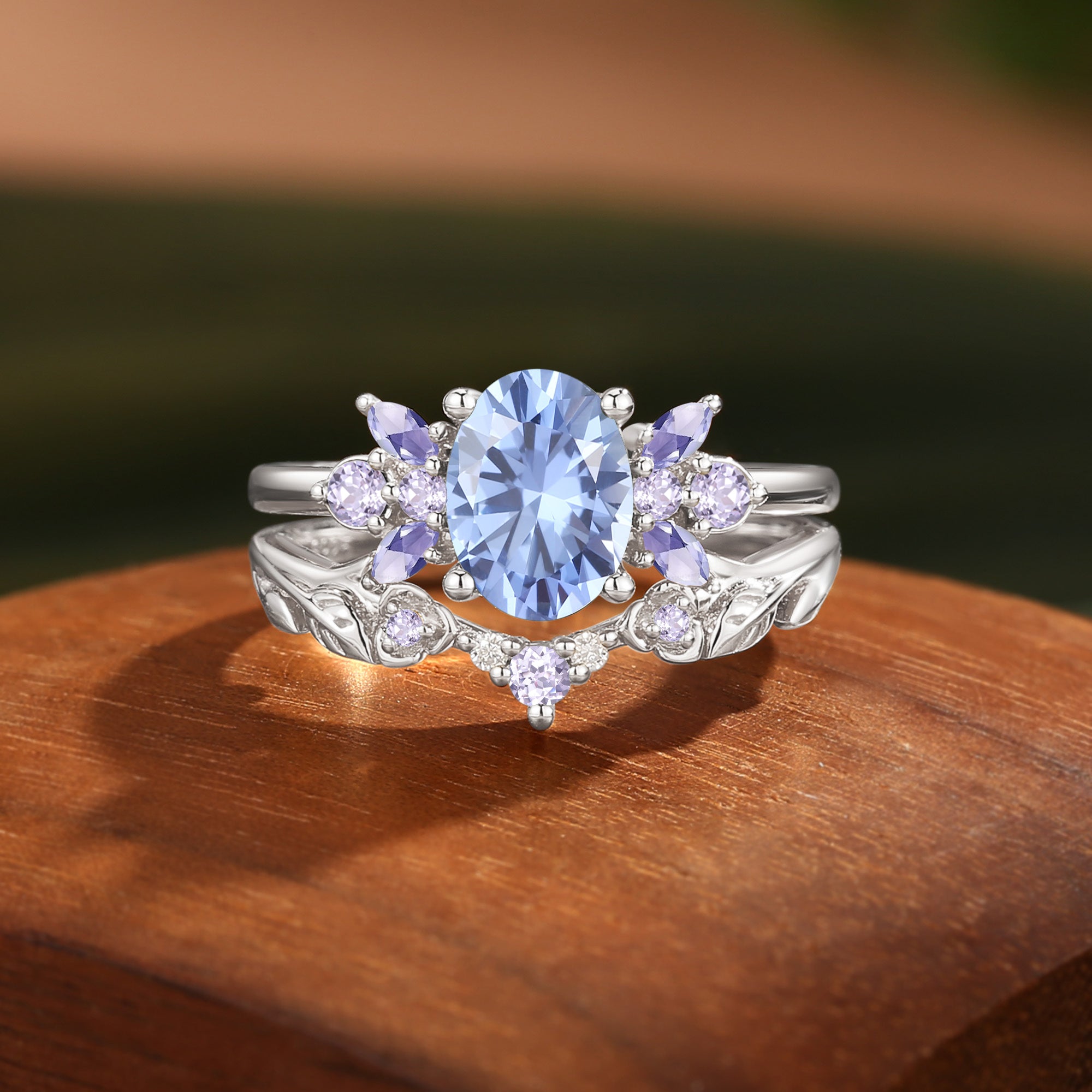 Leaf Oval Cut Cornflower Blue Sapphire Butterfly Fairy Bridal Sets 2pcs - Glenna