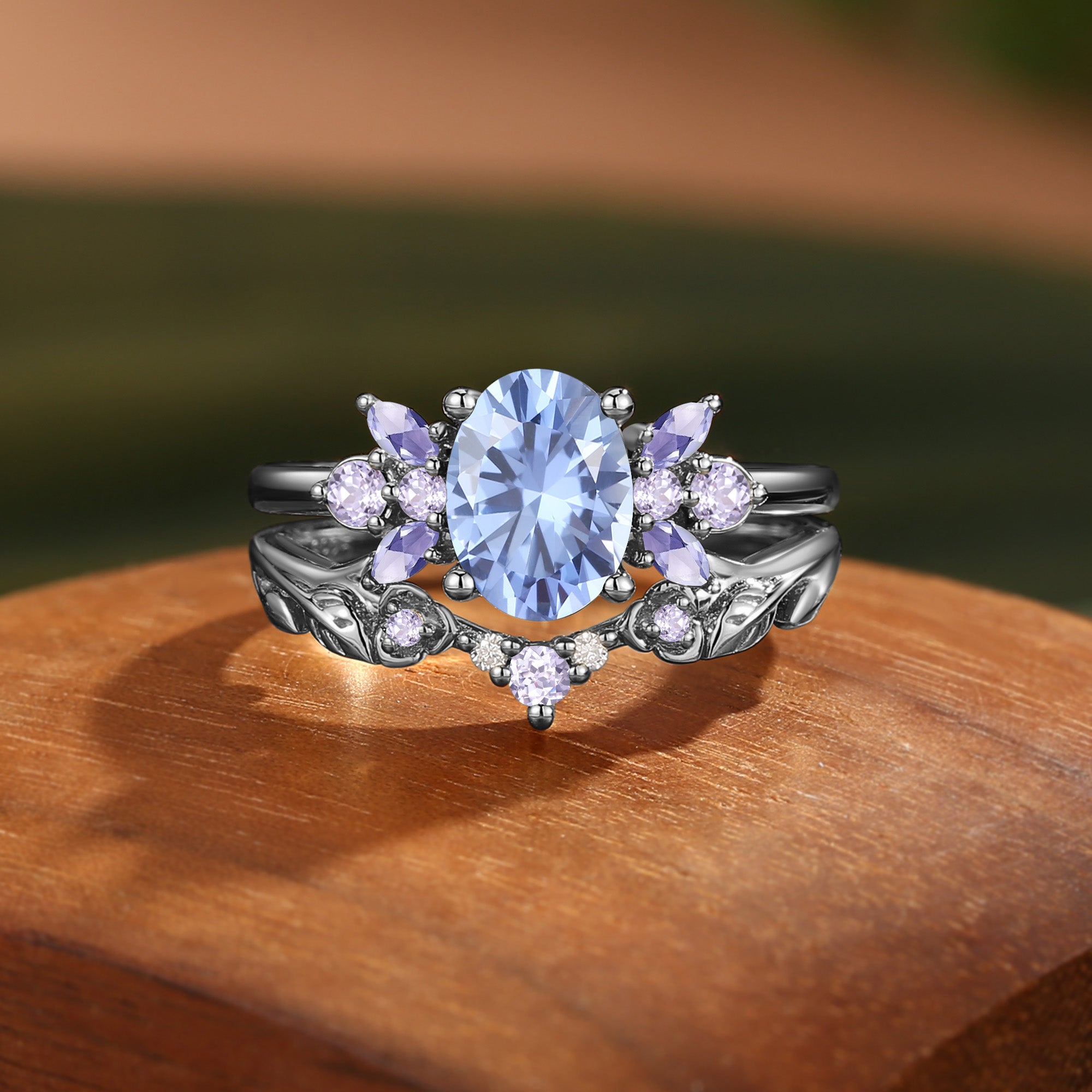 Leaf Oval Cut Cornflower Blue Sapphire Butterfly Fairy Bridal Sets 2pcs - Glenna