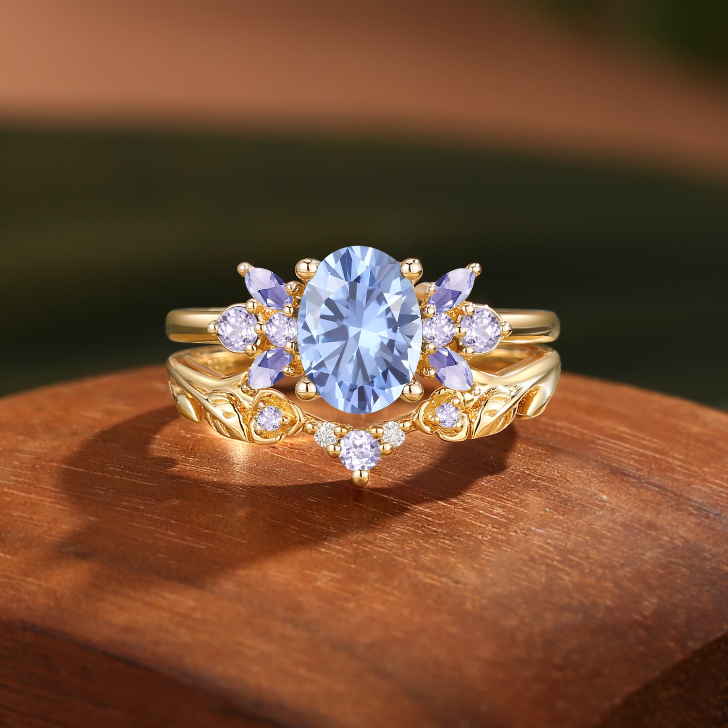 Leaf Oval Cut Cornflower Blue Sapphire Butterfly Fairy Bridal Sets 2pcs - Glenna