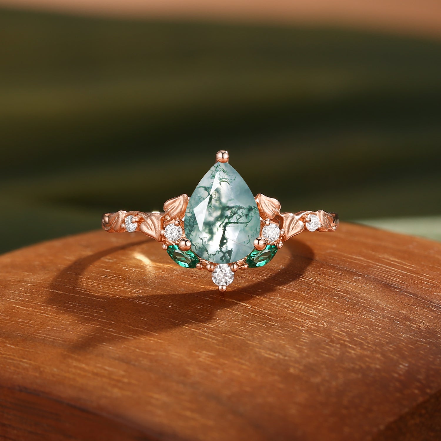 Hedera -  Heart Leaf Moss Agate Engagement Ring