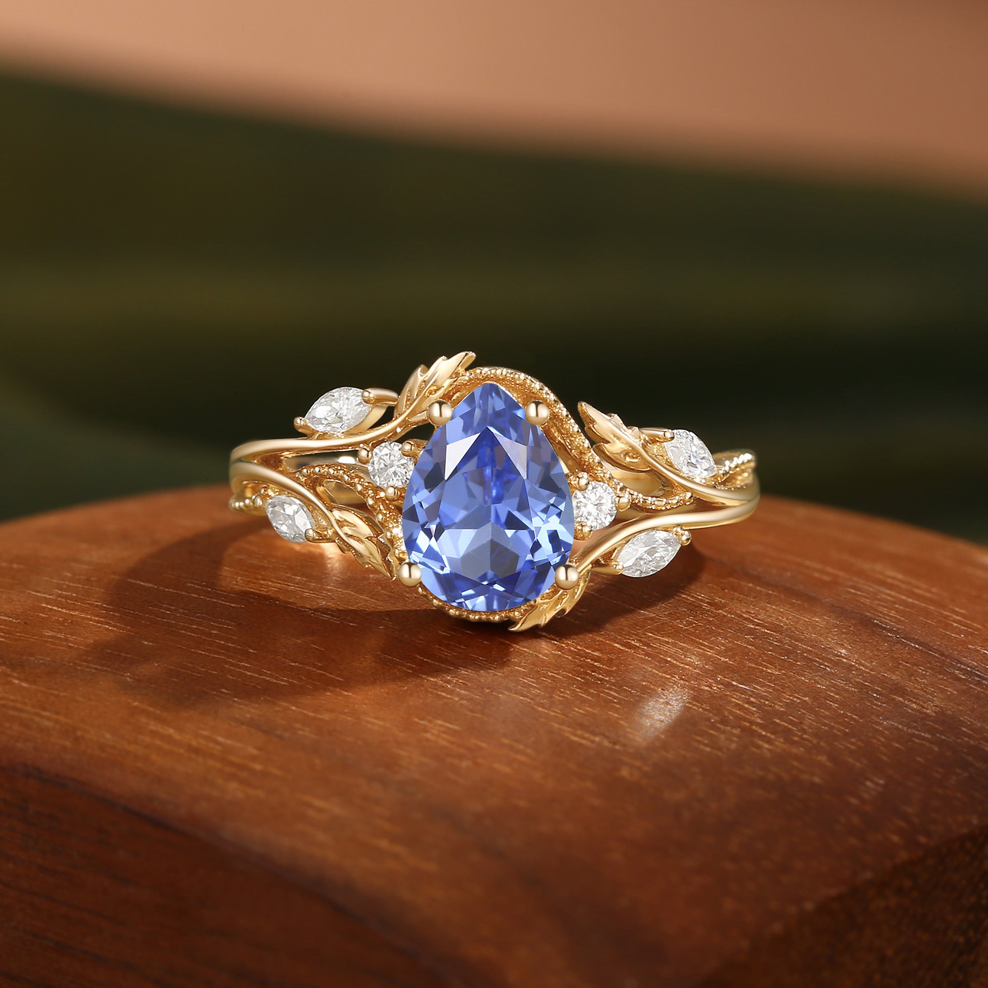 Filigree Leafy Pear Cut Cornflower Blue Sapphire Engagement Ring - Hesper
