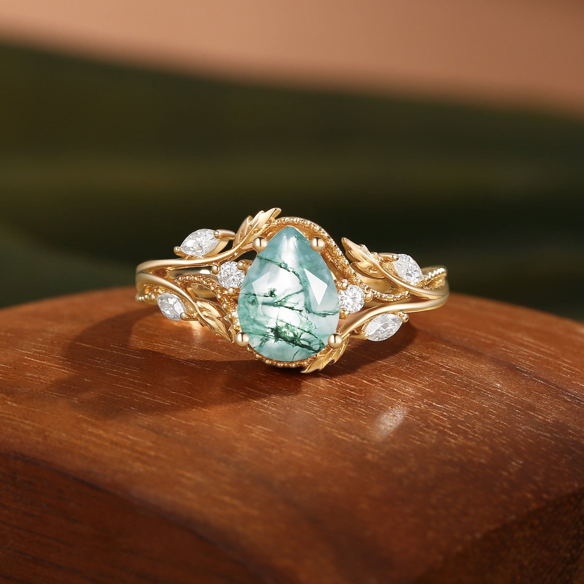 Filigree Leafy Pear Cut Moss Agate Engagement Ring - Hesper