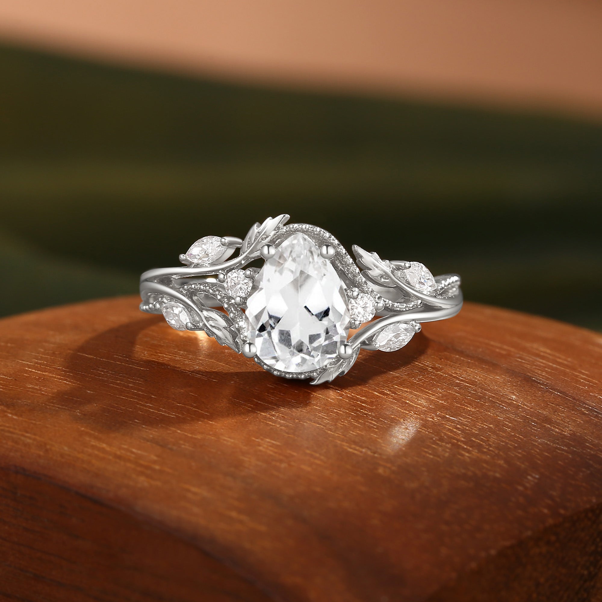 Filigree Leafy Pear Cut White Sapphire Engagement Ring - Hesper