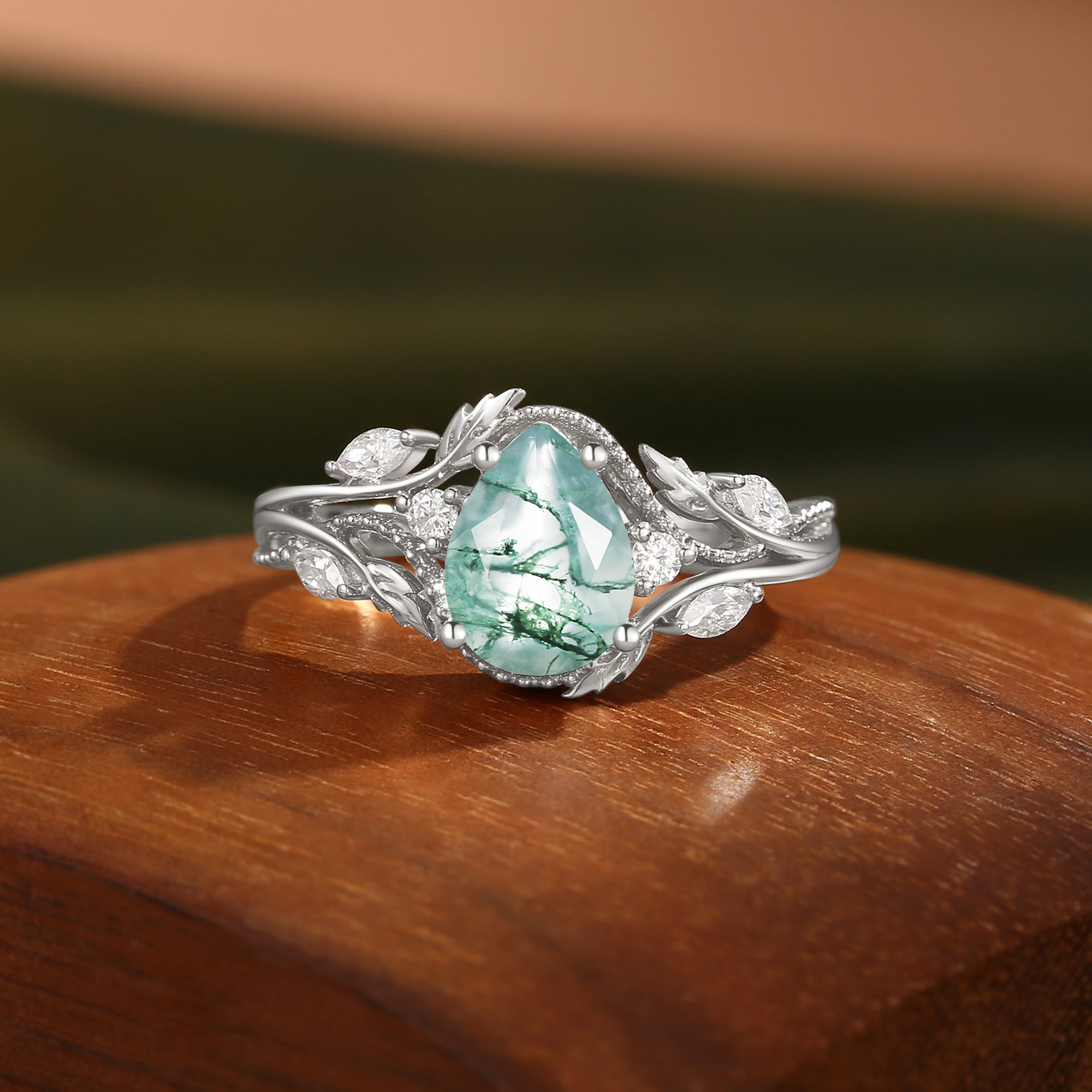 Filigree Leafy Pear Cut Moss Agate Engagement Ring - Hesper