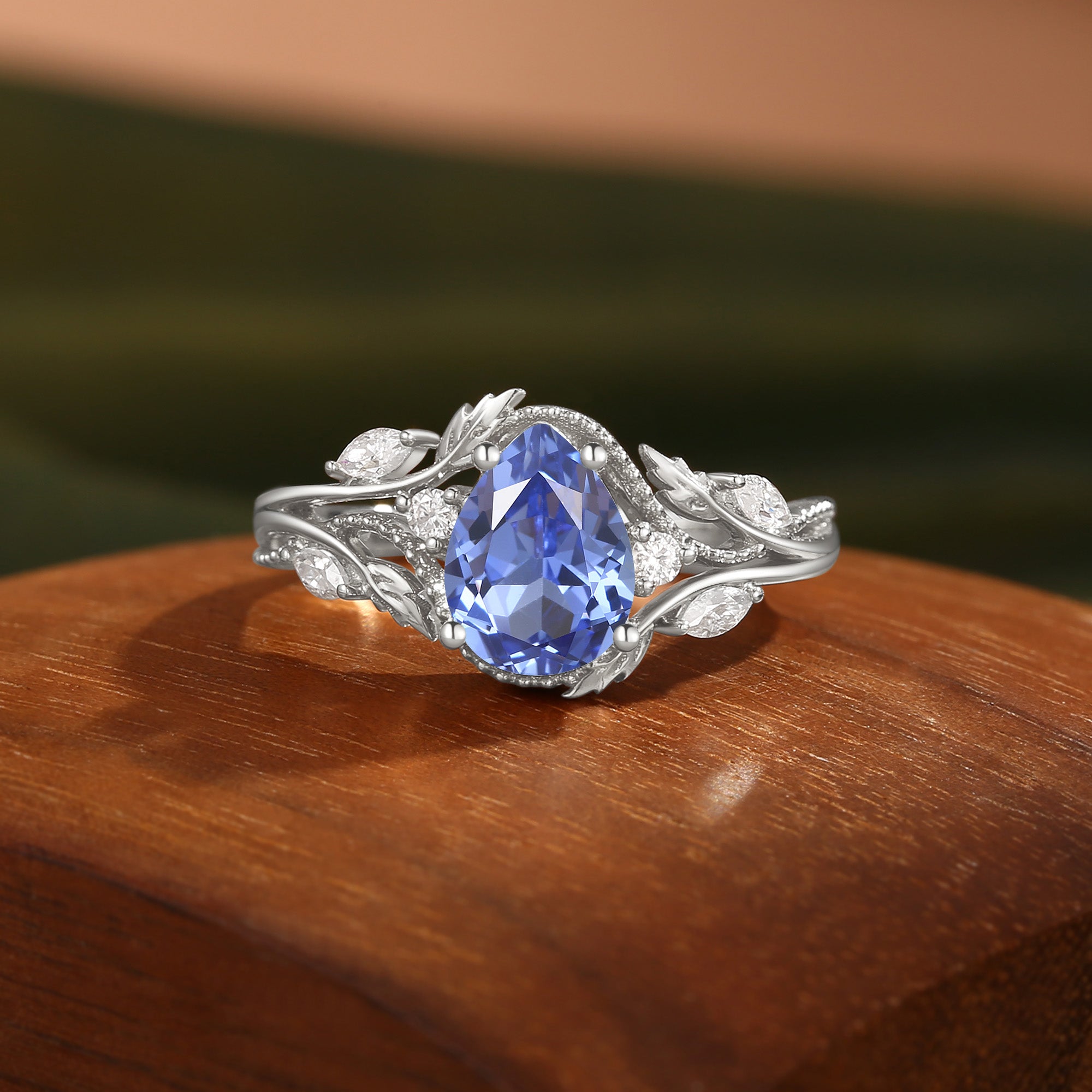 Filigree Leafy Pear Cut Cornflower Blue Sapphire Engagement Ring - Hesper