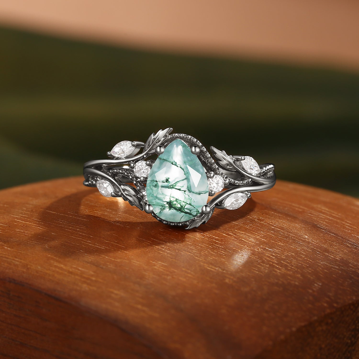 Filigree Leafy Pear Cut Moss Agate Engagement Ring - Hesper